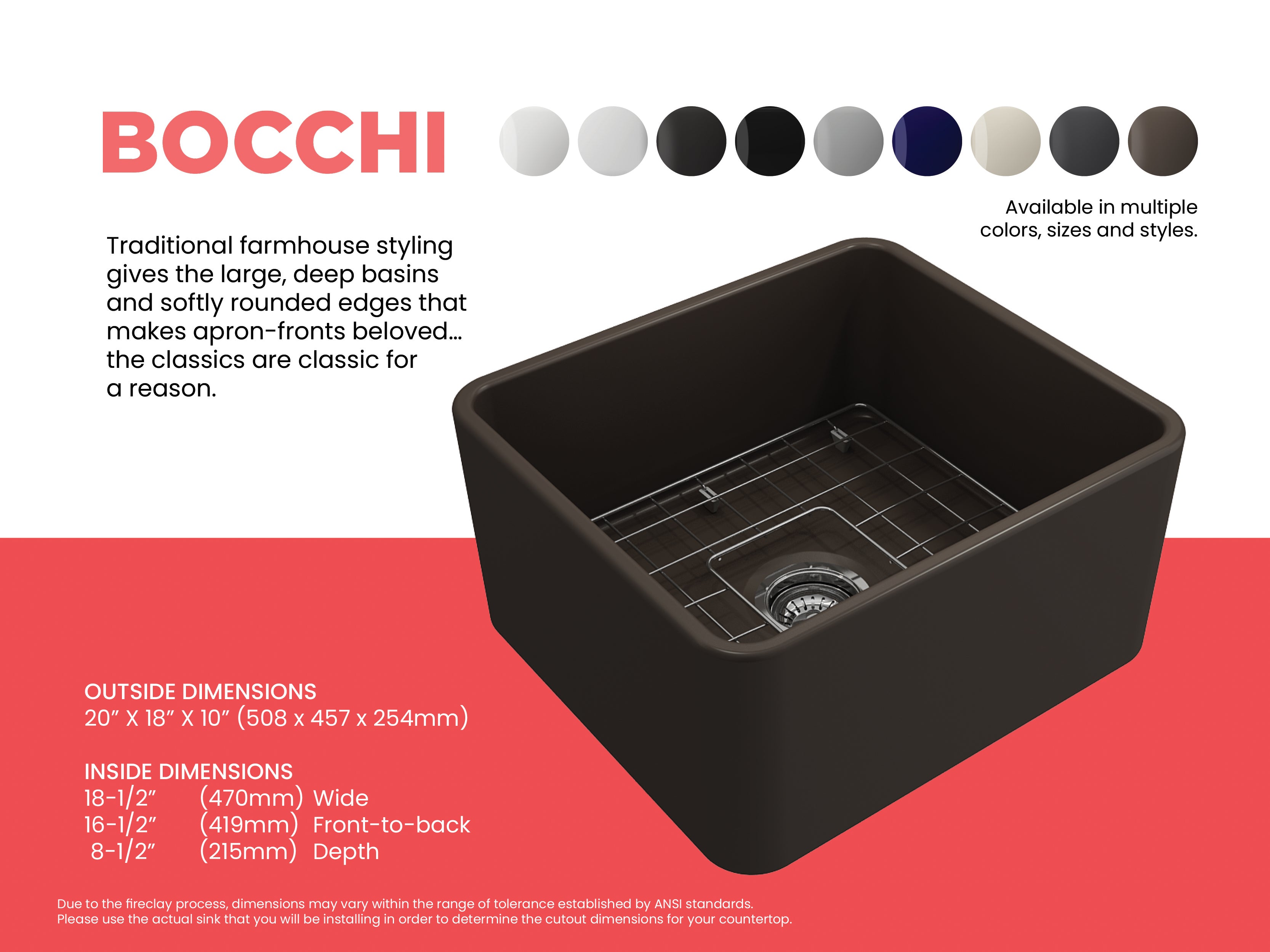 BOCCHI Classico 20" Fireclay Farmhouse Apron Single Bowl Kitchen Sink, Matte Brown, 1136-025-0120