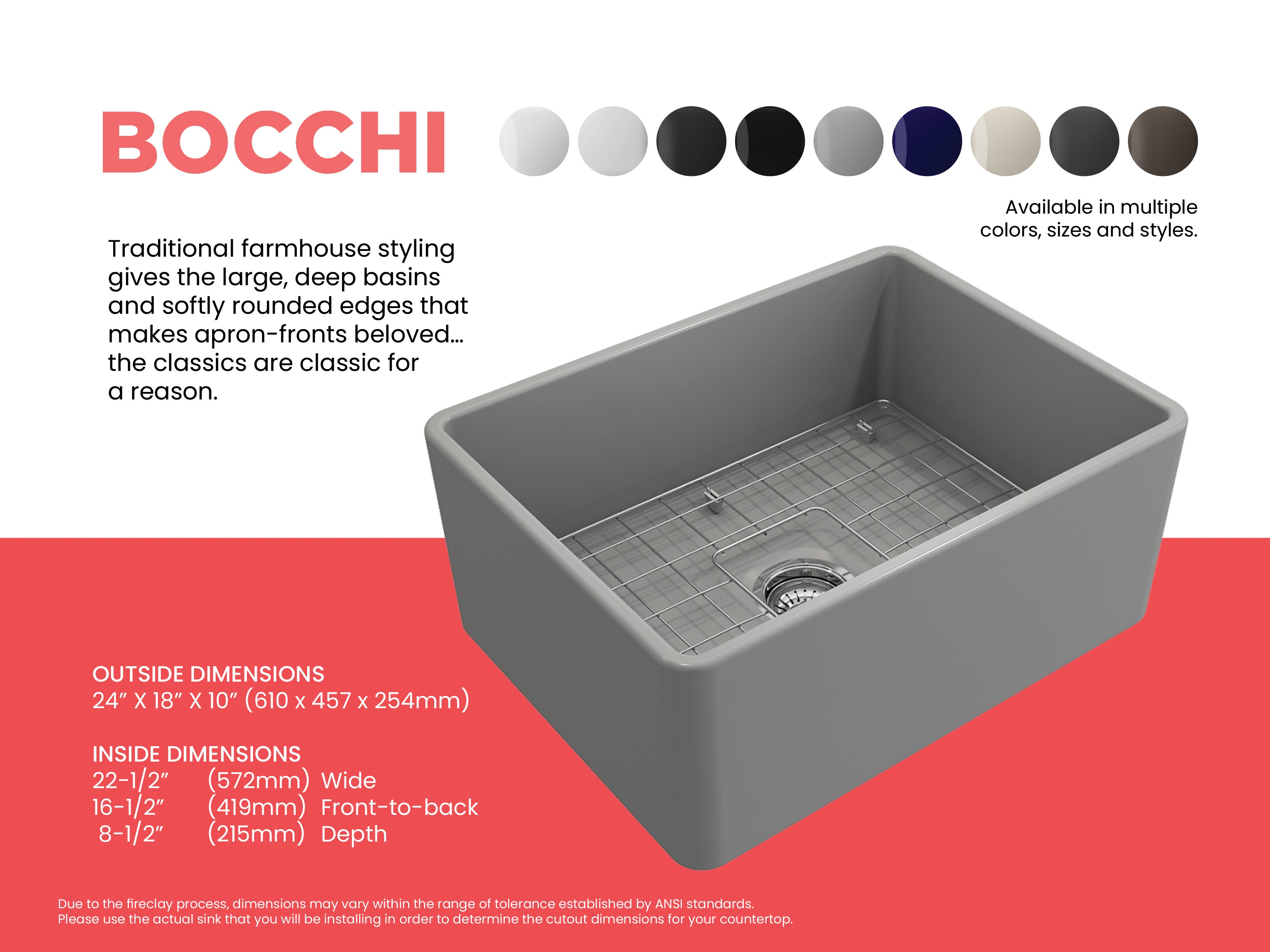 BOCCHI Classico 24" Fireclay Farmhouse Apron Single Bowl Kitchen Sink, Matte Gray, 1137-006-0120