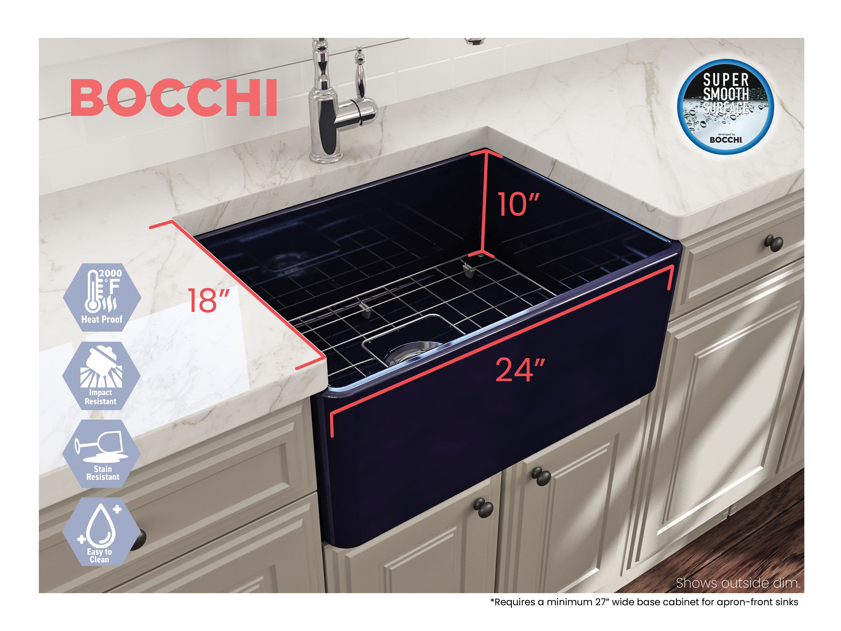 BOCCHI Classico 24" Fireclay Farmhouse Apron Single Bowl Kitchen Sink, Sapphire Blue, 1137-010-0120