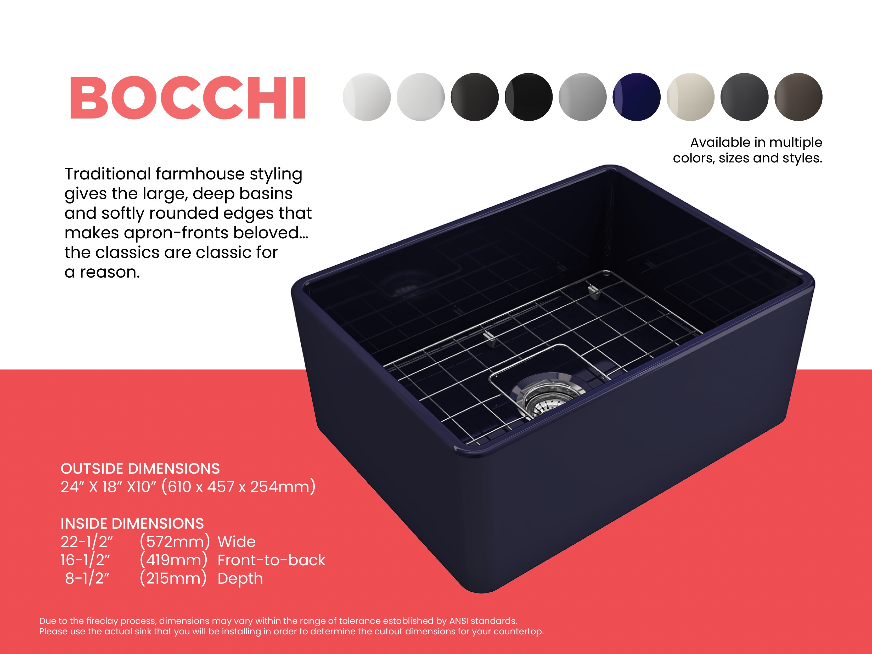 BOCCHI Classico 24" Fireclay Farmhouse Apron Single Bowl Kitchen Sink, Sapphire Blue, 1137-010-0120