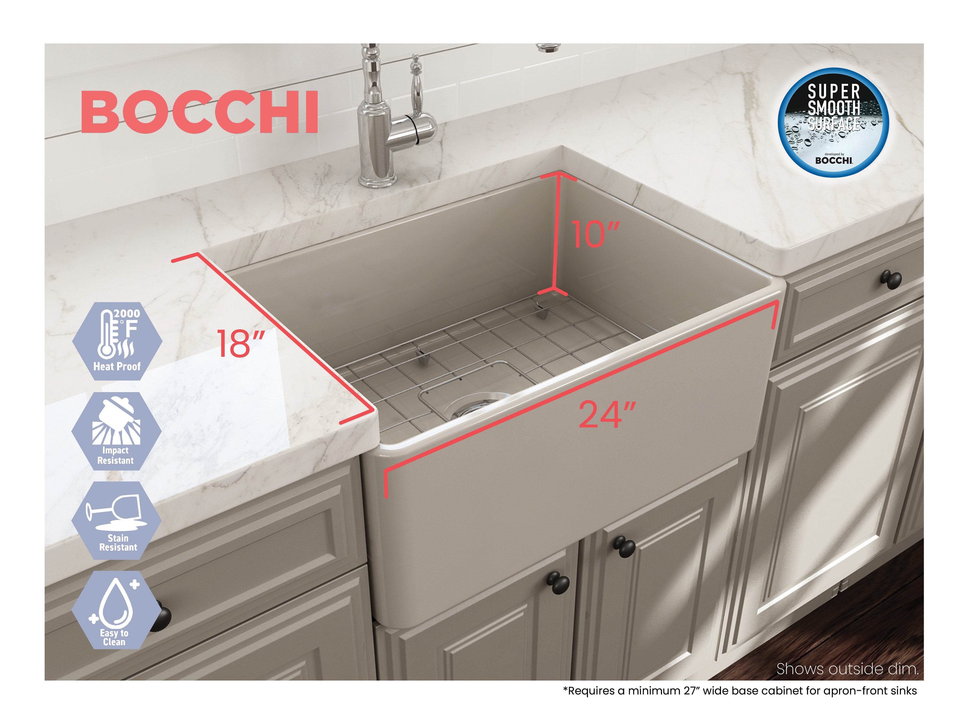 BOCCHI Classico 24" Fireclay Farmhouse Apron Single Bowl Kitchen Sink, Biscuit, 1137-014-0120
