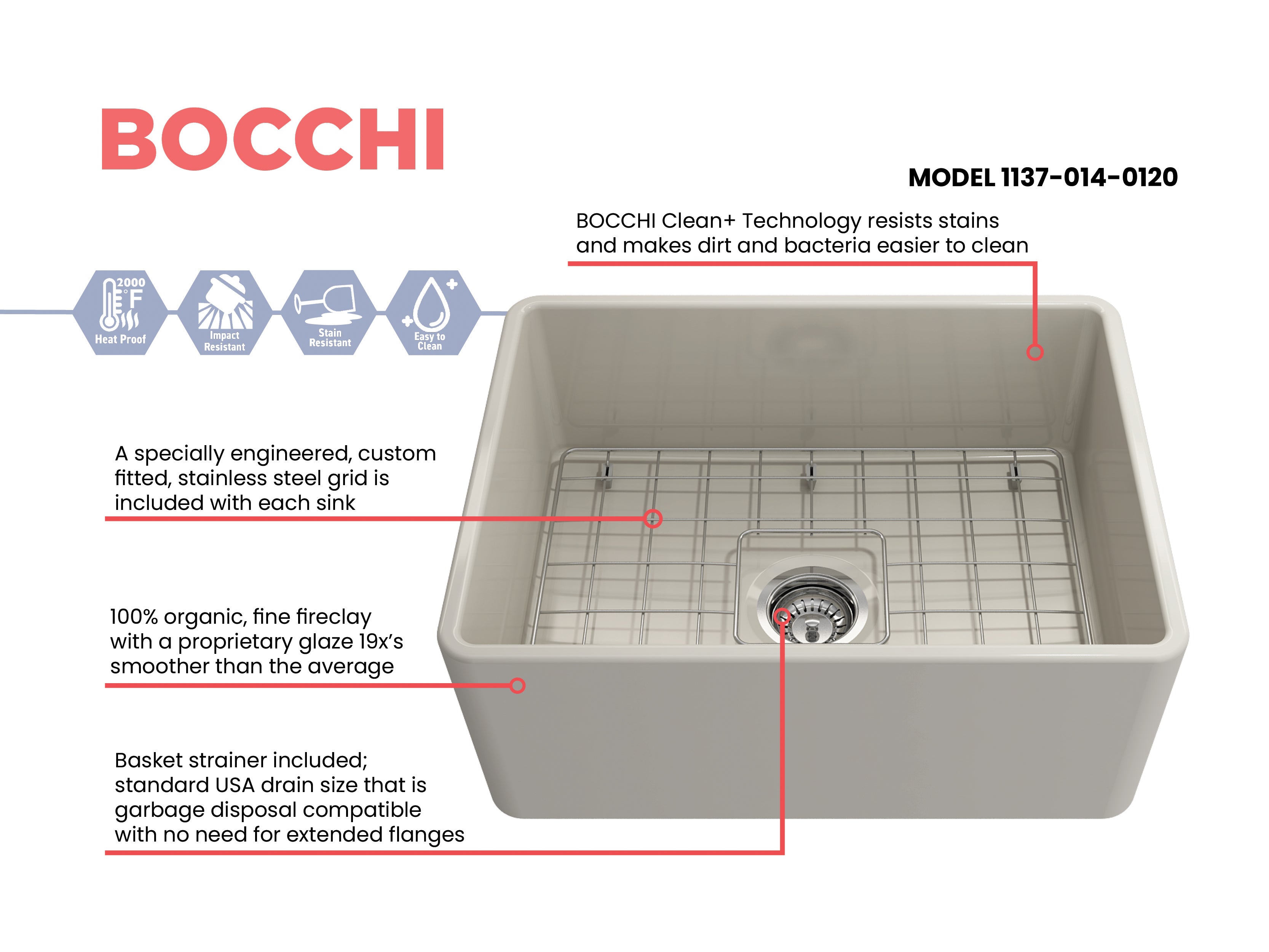 BOCCHI Classico 24" Fireclay Farmhouse Apron Single Bowl Kitchen Sink, Biscuit, 1137-014-0120