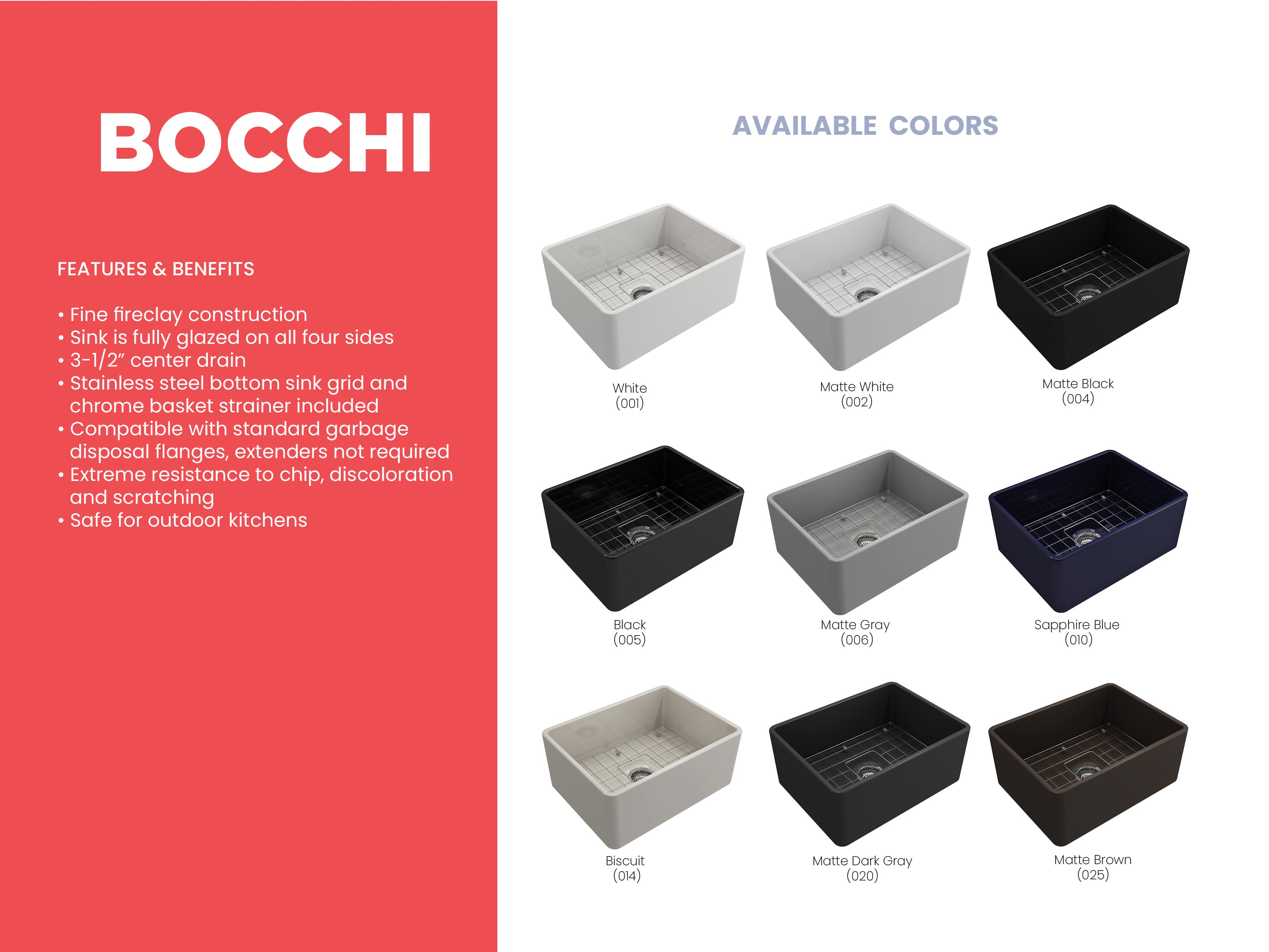BOCCHI Classico 24" Fireclay Farmhouse Apron Single Bowl Kitchen Sink, Biscuit, 1137-014-0120