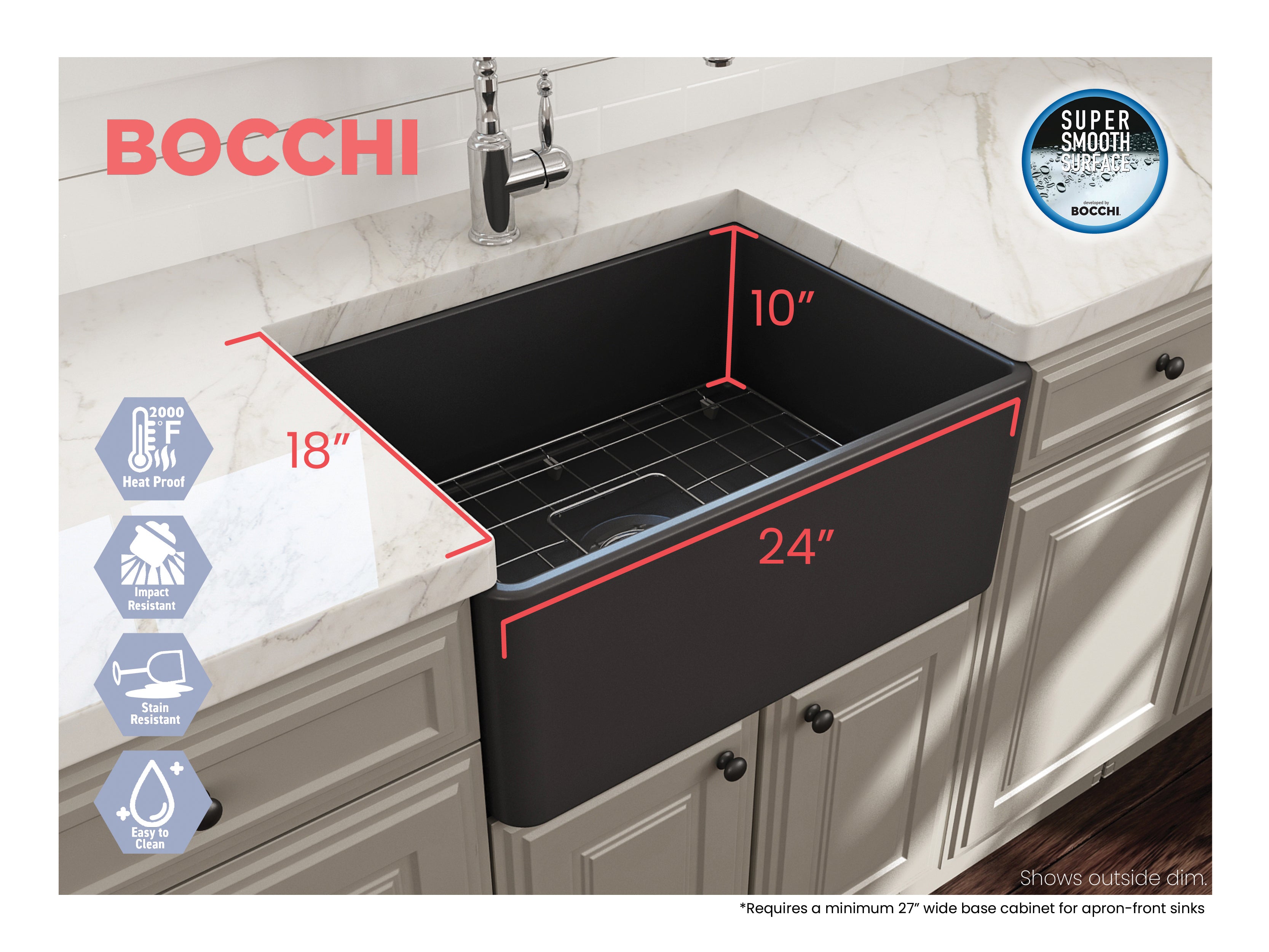 BOCCHI Classico 24" Fireclay Farmhouse Apron Single Bowl Kitchen Sink, Matte Dark Gray, 1137-020-0120