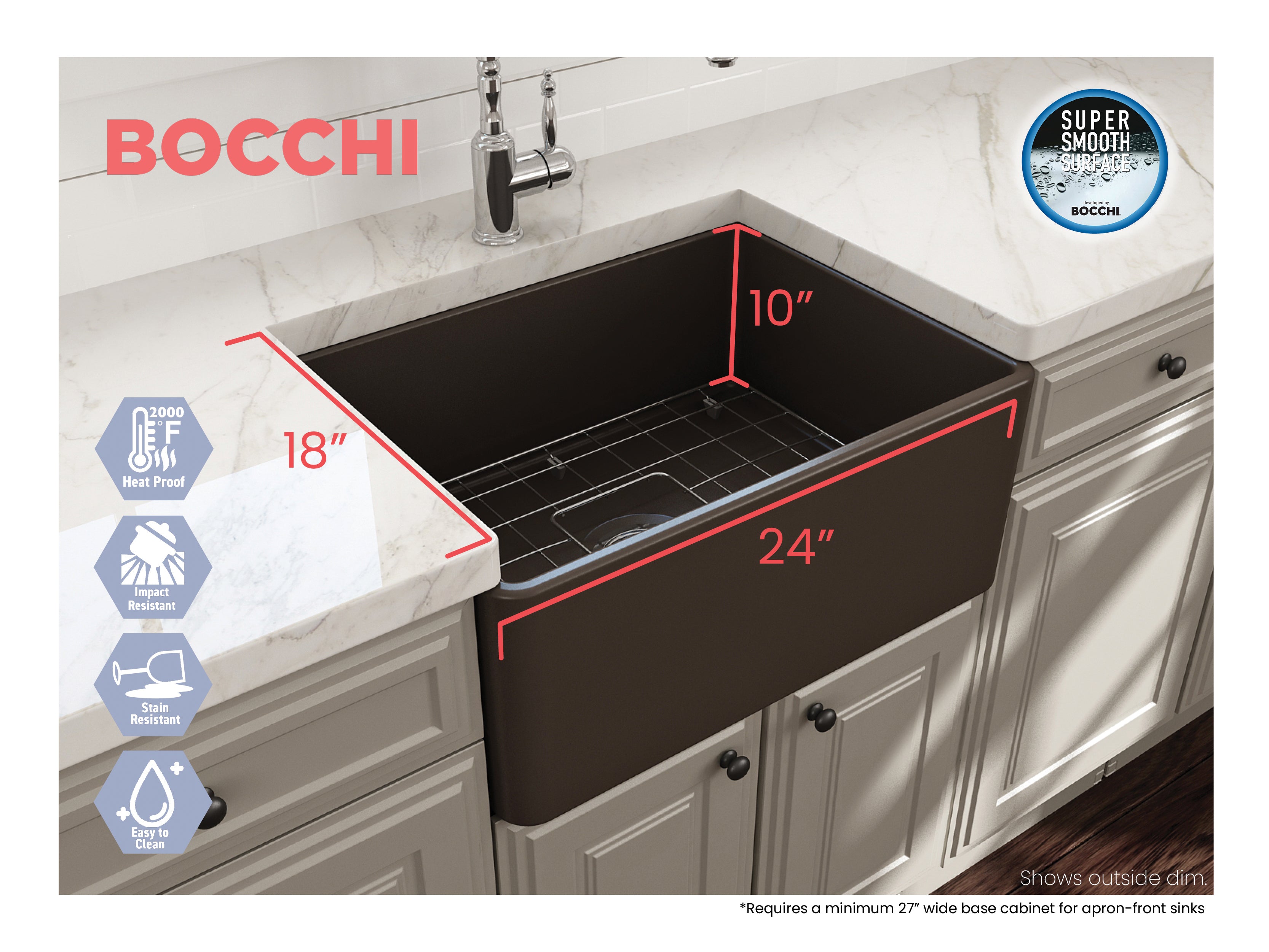 BOCCHI Classico 24" Fireclay Farmhouse Apron Single Bowl Kitchen Sink, Matte Brown, 1137-025-0120