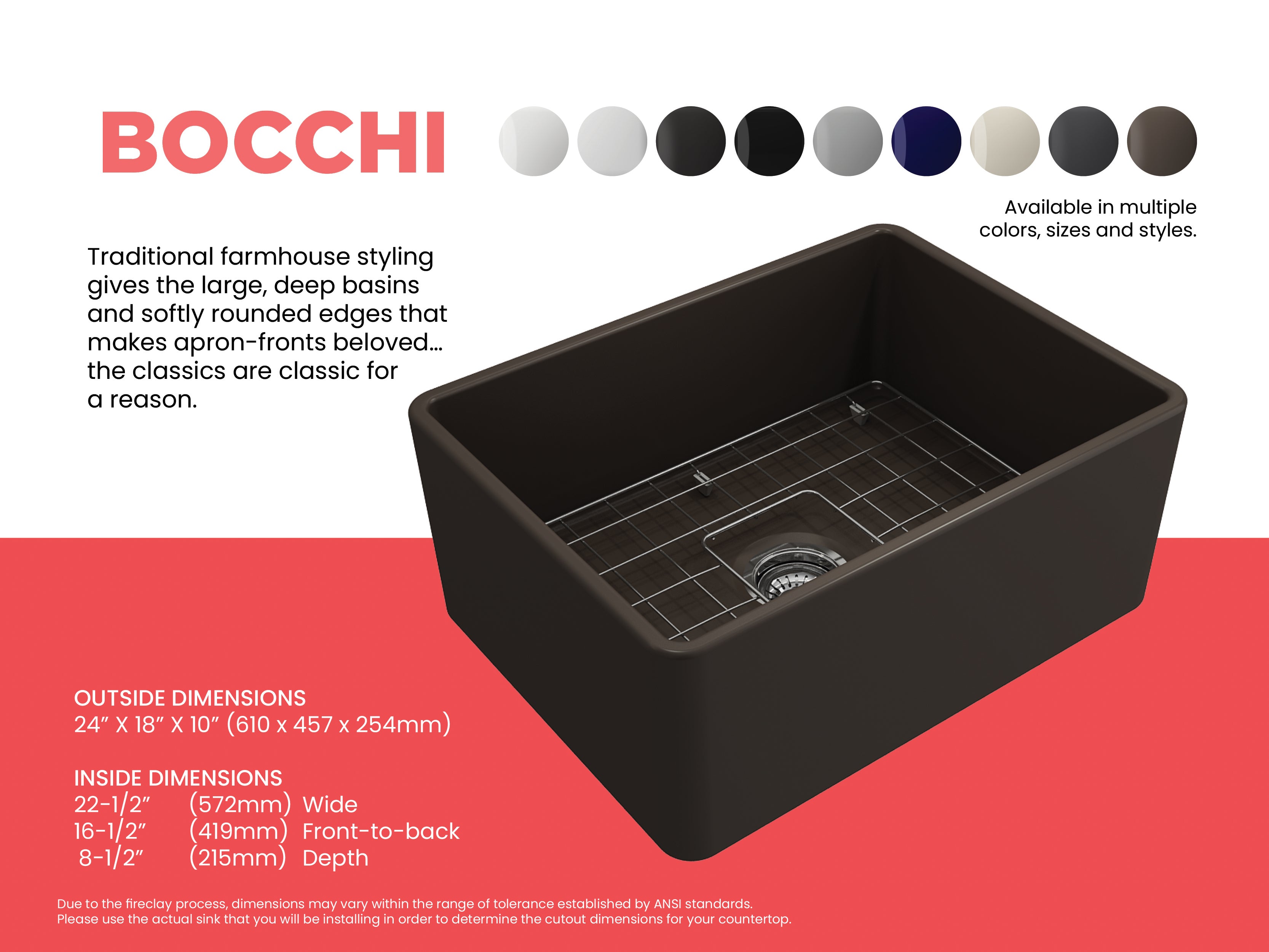 BOCCHI Classico 24" Fireclay Farmhouse Apron Single Bowl Kitchen Sink, Matte Brown, 1137-025-0120