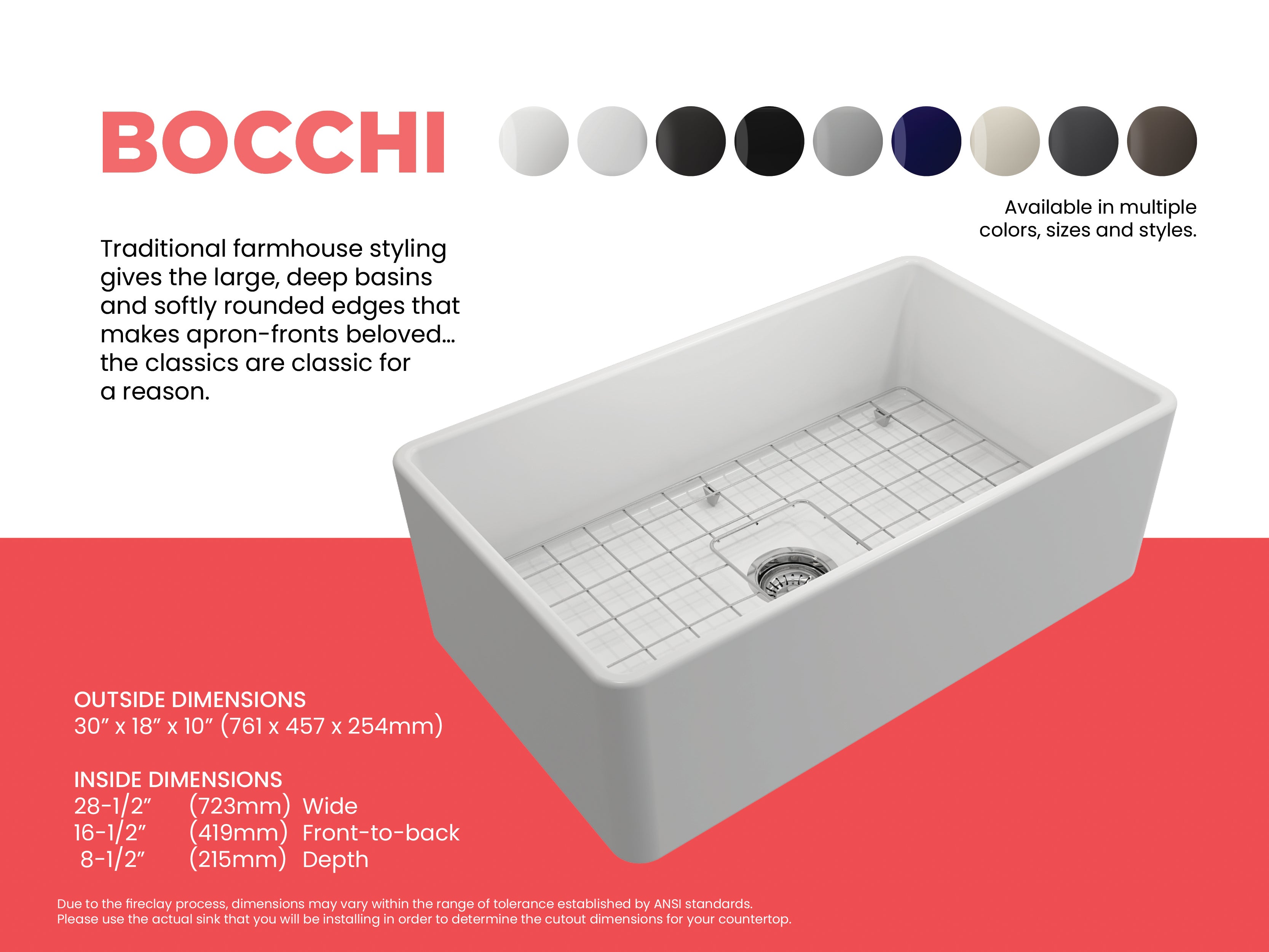 BOCCHI Classico 30" Fireclay Farmhouse Apron Single Bowl Kitchen Sink, Matte White, 1138-002-0120