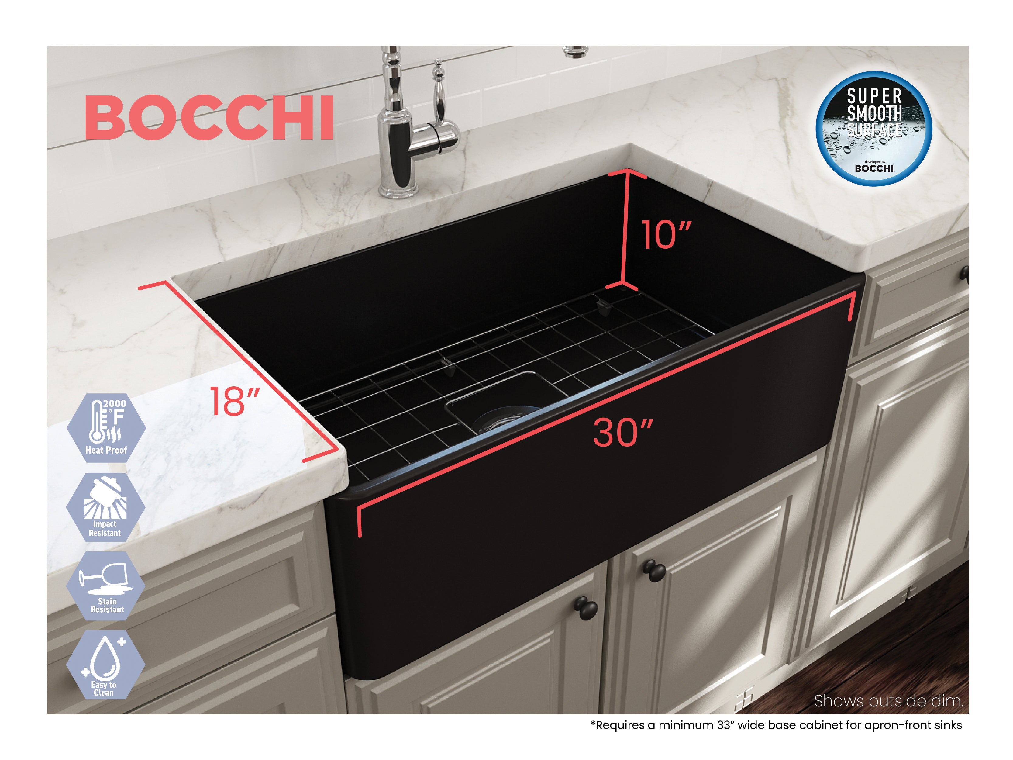 BOCCHI Classico 30" Fireclay Farmhouse Apron Single Bowl Kitchen Sink, Matte Black, 1138-004-0120