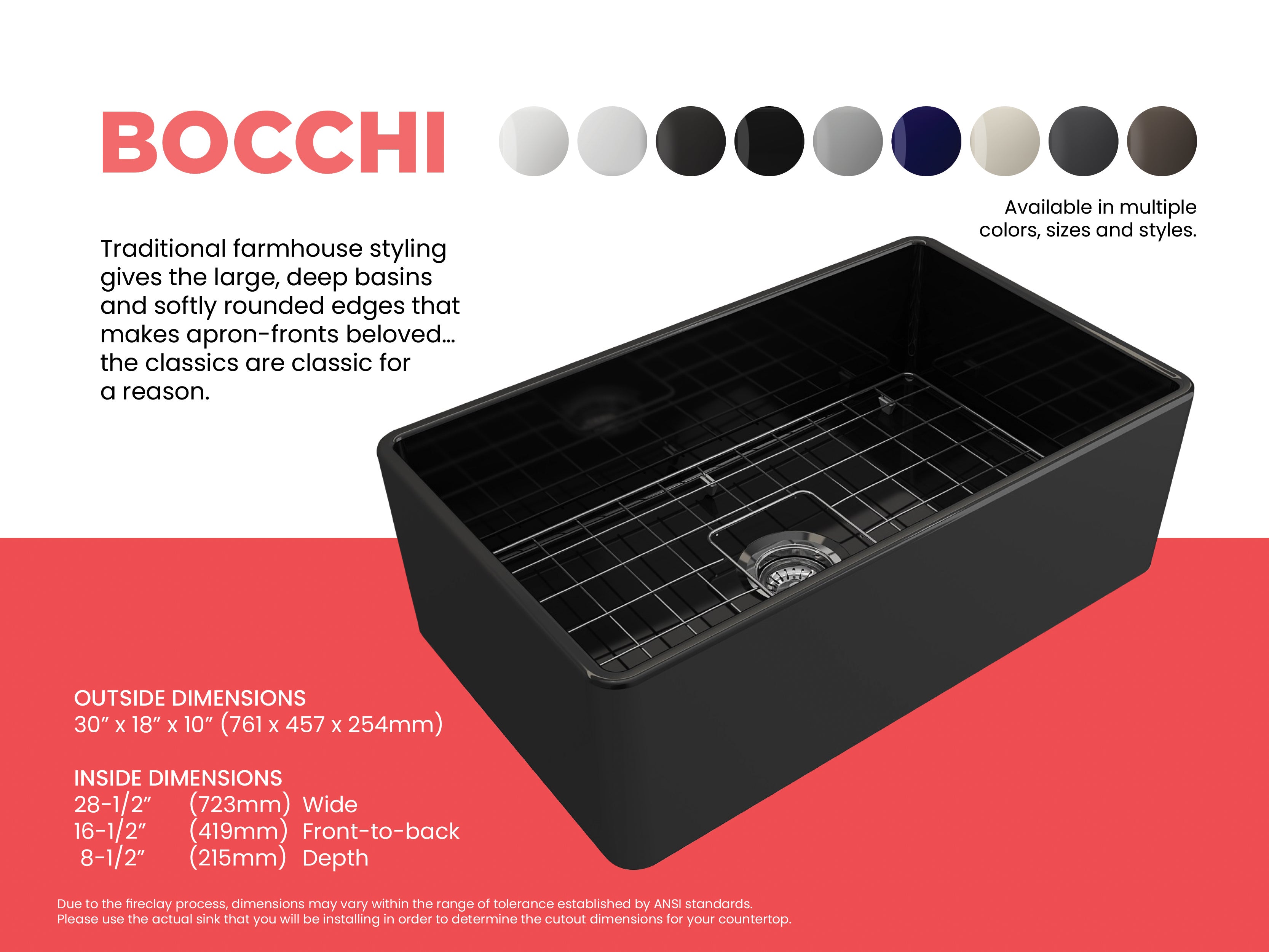 BOCCHI Classico 30" Fireclay Farmhouse Apron Single Bowl Kitchen Sink, Black, 1138-005-0120