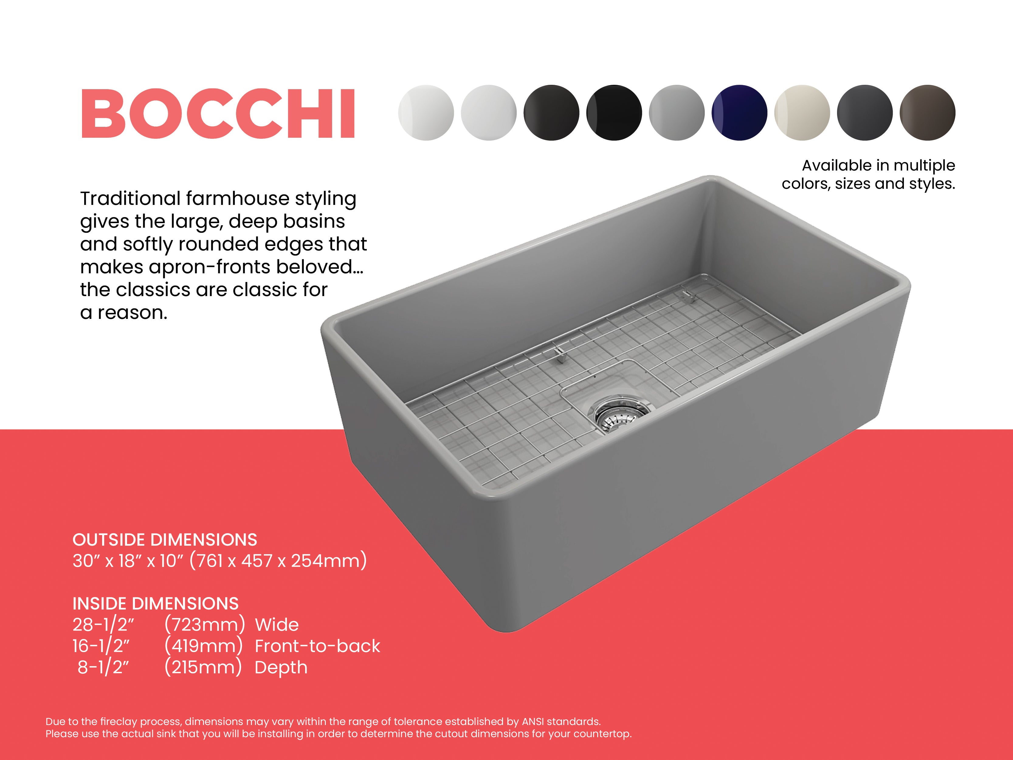 BOCCHI Classico 30" Fireclay Farmhouse Apron Single Bowl Kitchen Sink, Matte Gray, 1138-006-0120