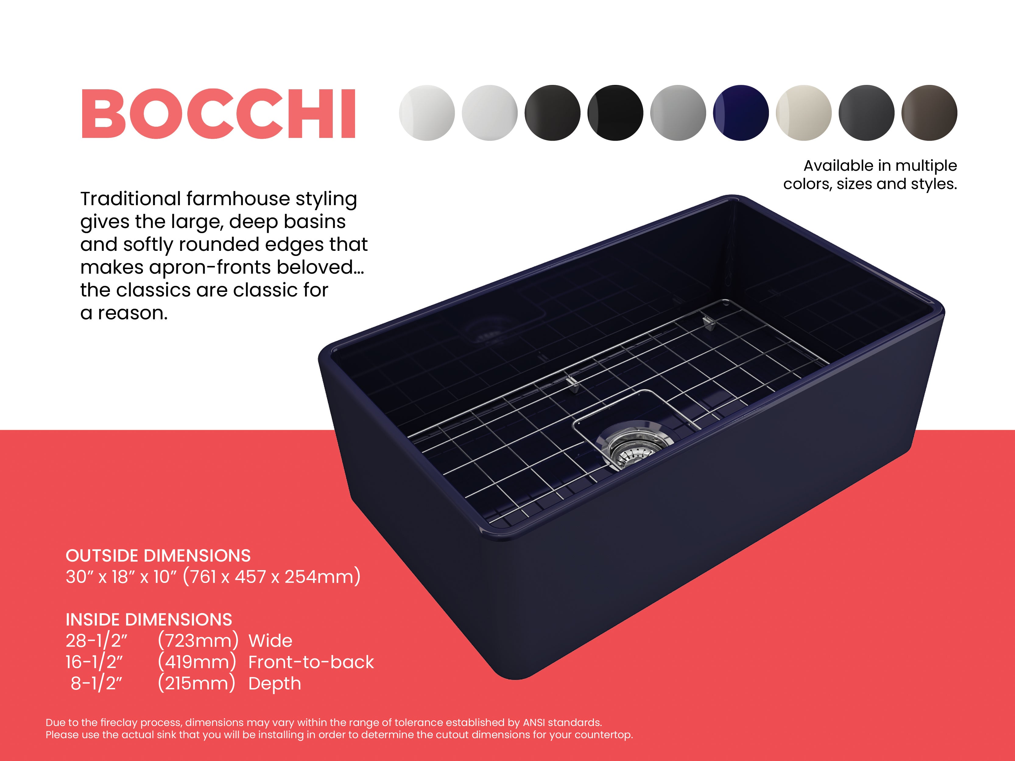 BOCCHI Classico 30" Fireclay Farmhouse Apron Single Bowl Kitchen Sink, Sapphire Blue, 1138-010-0120