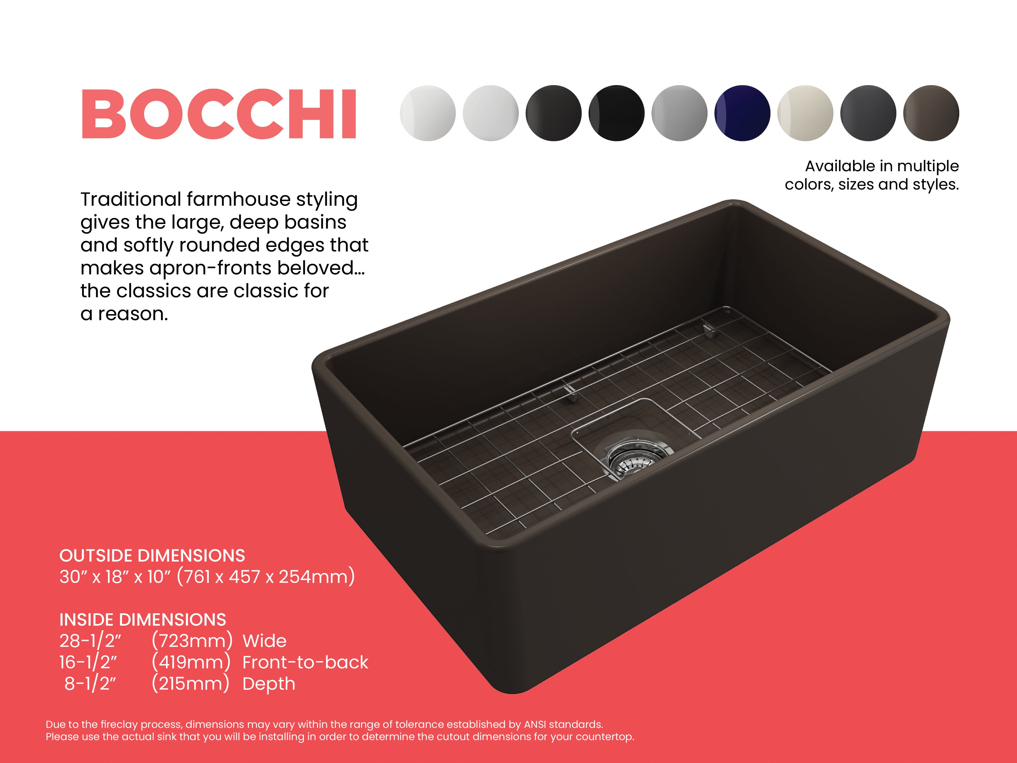 BOCCHI Classico 30" Fireclay Farmhouse Apron Single Bowl Kitchen Sink, Matte Brown, 1138-025-0120