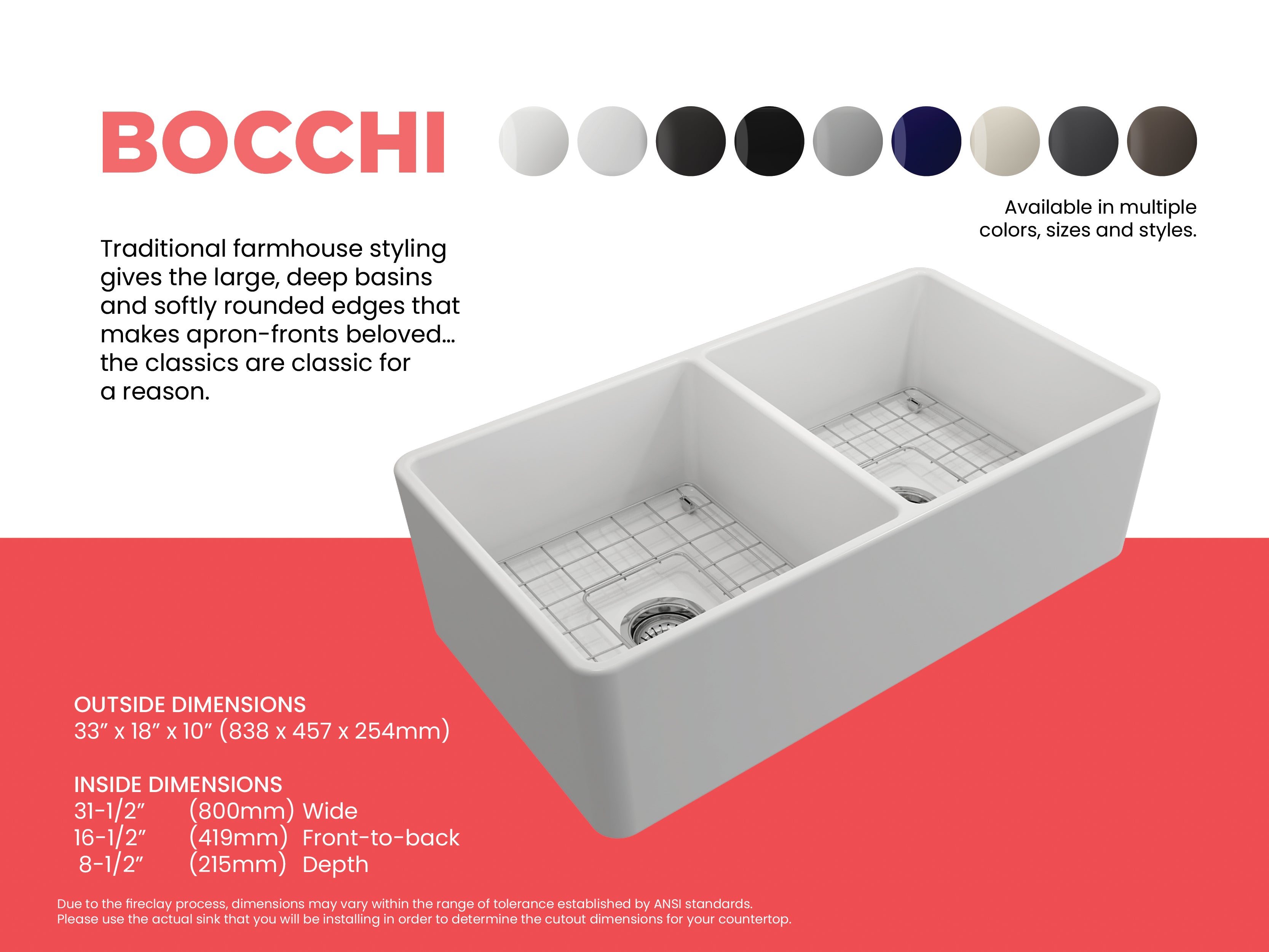 BOCCHI Classico 33" Fireclay Farmhouse Apron 50/50 Double Bowl Kitchen Sink, Matte White, 1139-002-0120