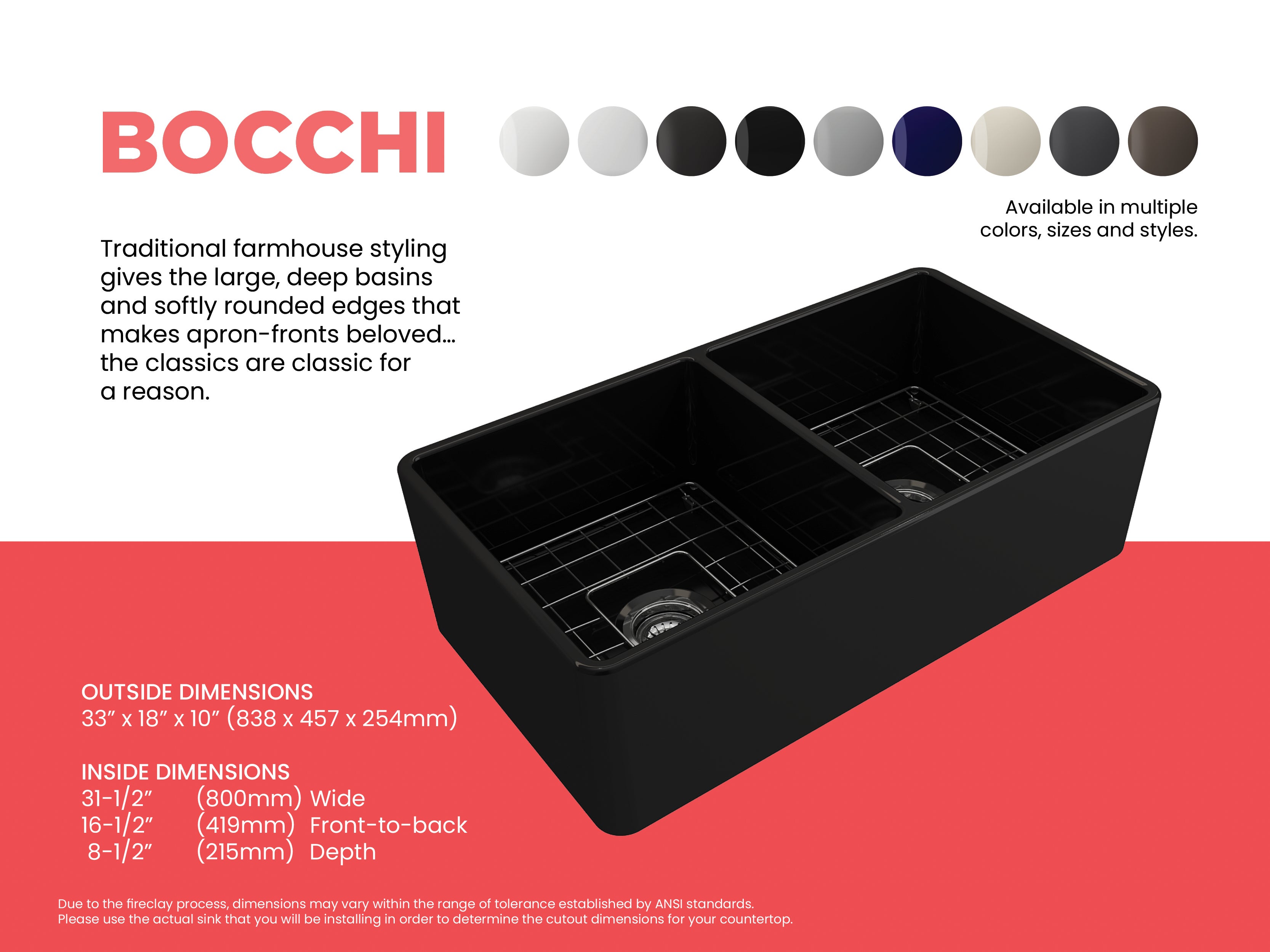 BOCCHI Classico 33" Fireclay Farmhouse Apron 50/50 Double Bowl Kitchen Sink, Matte Black, 1139-004-0120