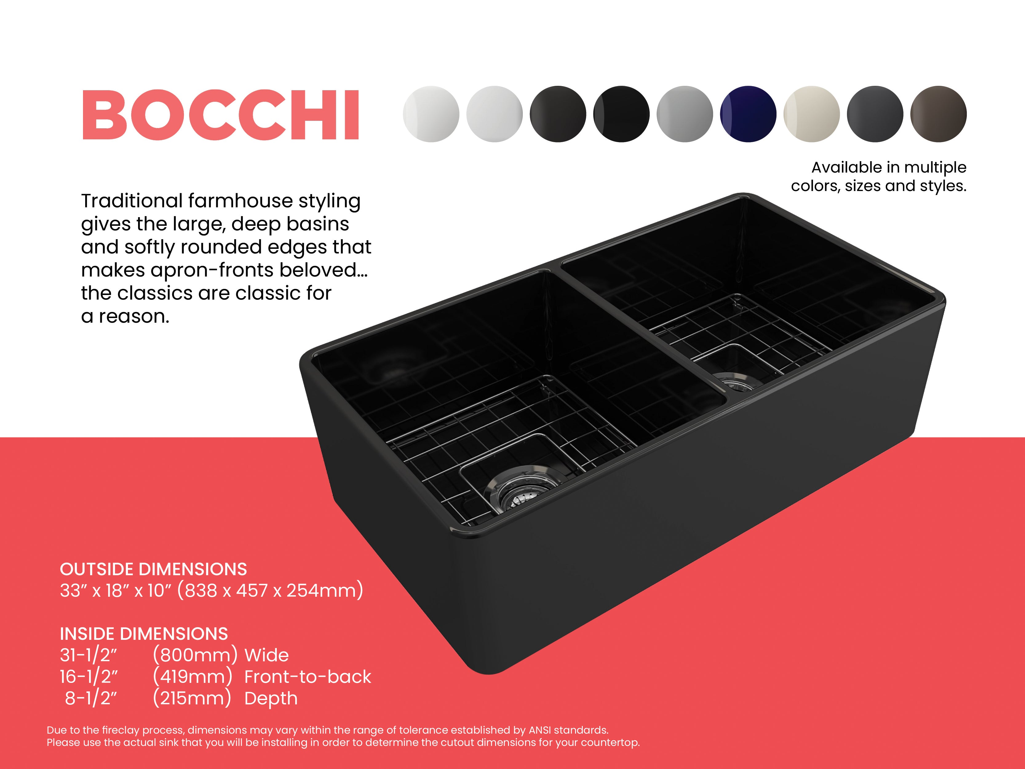 BOCCHI Classico 33" Fireclay Farmhouse Apron 50/50 Double Bowl Kitchen Sink, Black, 1139-005-0120