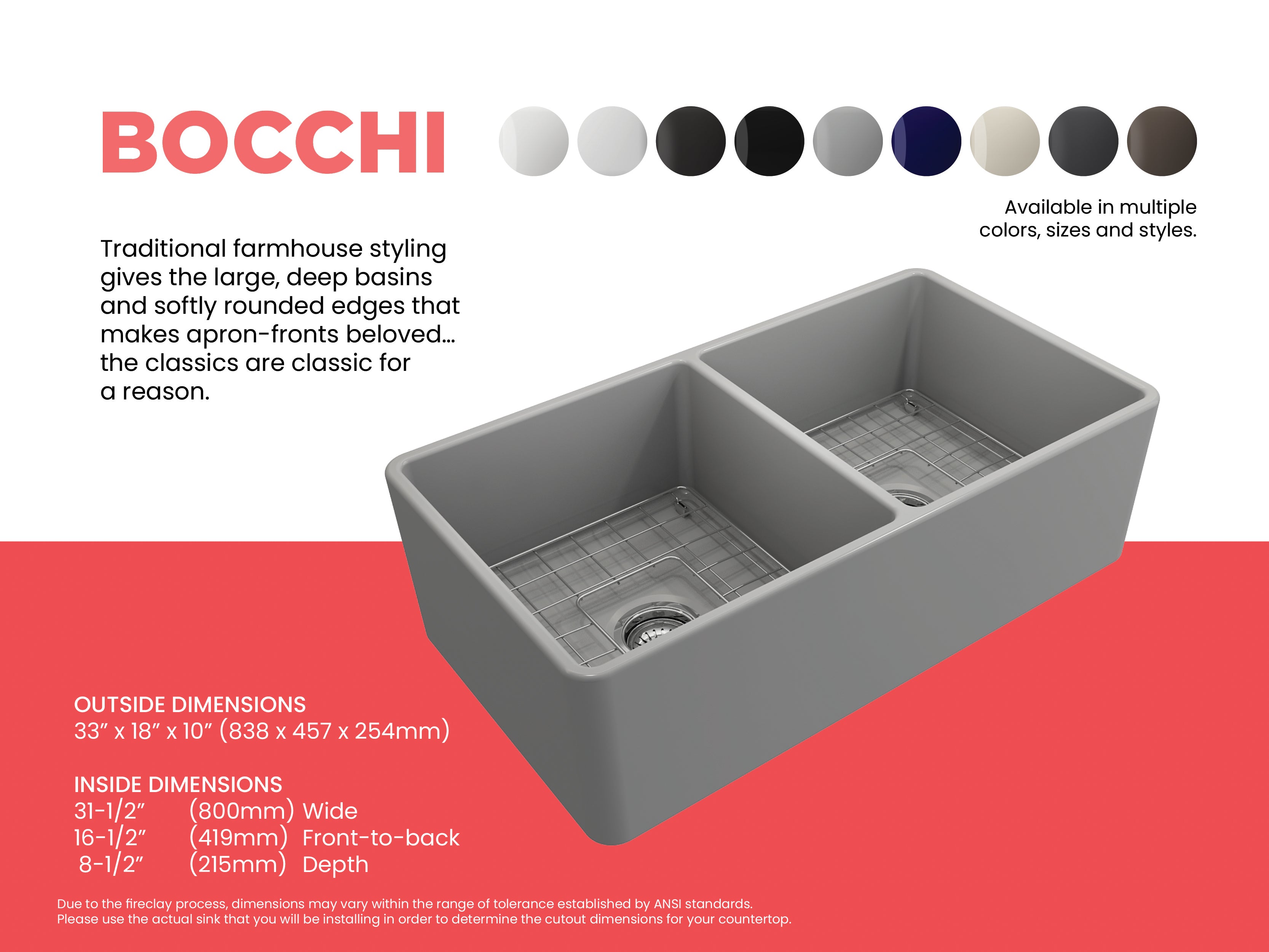 BOCCHI Classico 33" Fireclay Farmhouse Apron 50/50 Double Bowl Kitchen Sink, Matte Gray, 1139-006-0120