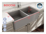 BOCCHI Classico 33" Fireclay Farmhouse Apron 50/50 Double Bowl Kitchen Sink, Matte Gray, 1139-006-0120