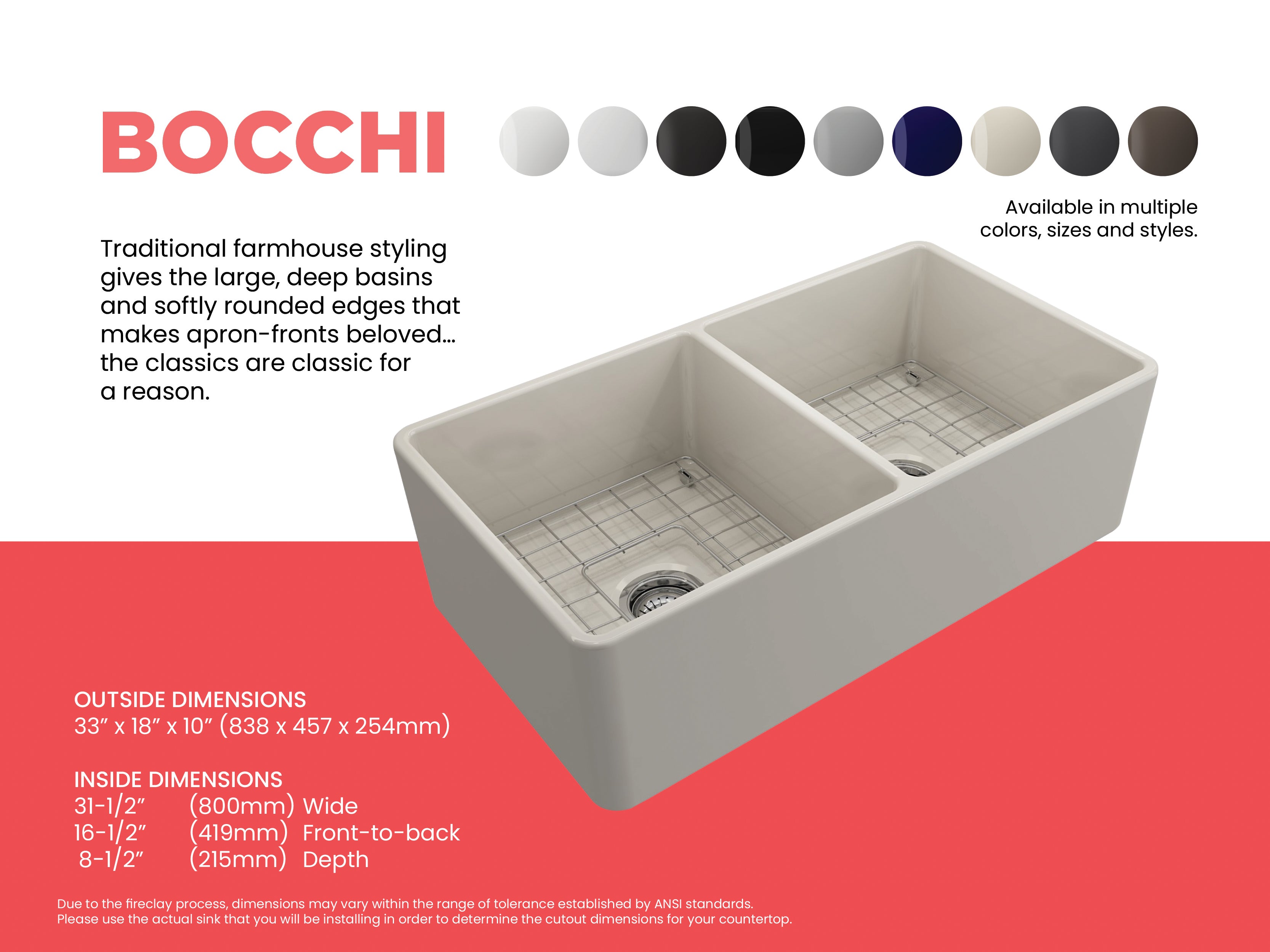 BOCCHI Classico 33" Fireclay Farmhouse Apron 50/50 Double Bowl Kitchen Sink, Biscuit, 1139-014-0120