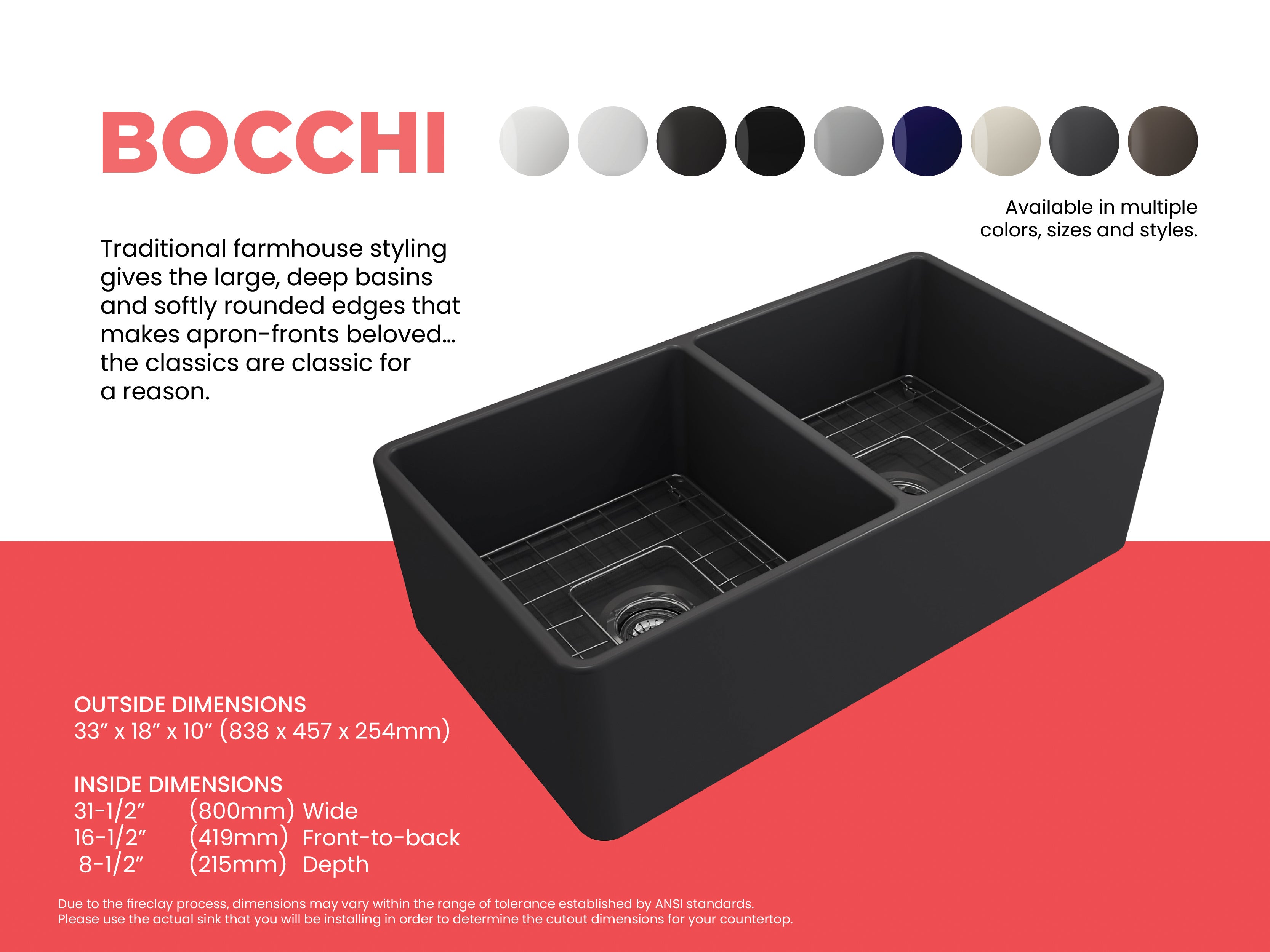 BOCCHI Classico 33" Fireclay Farmhouse Apron 50/50 Double Bowl Kitchen Sink, Matte Dark Gray, 1139-020-0120