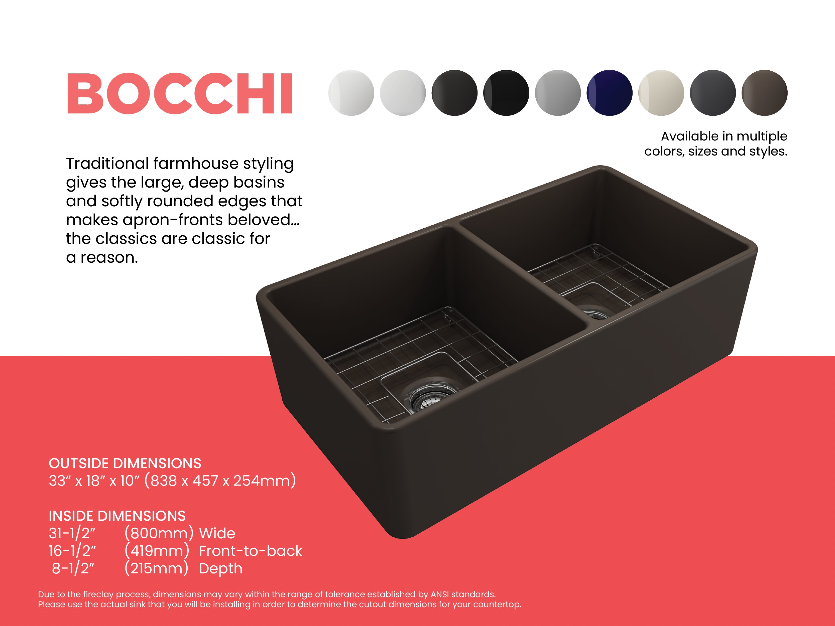 BOCCHI Classico 33" Fireclay Farmhouse Apron 50/50 Double Bowl Kitchen Sink, Matte Brown, 1139-025-0120