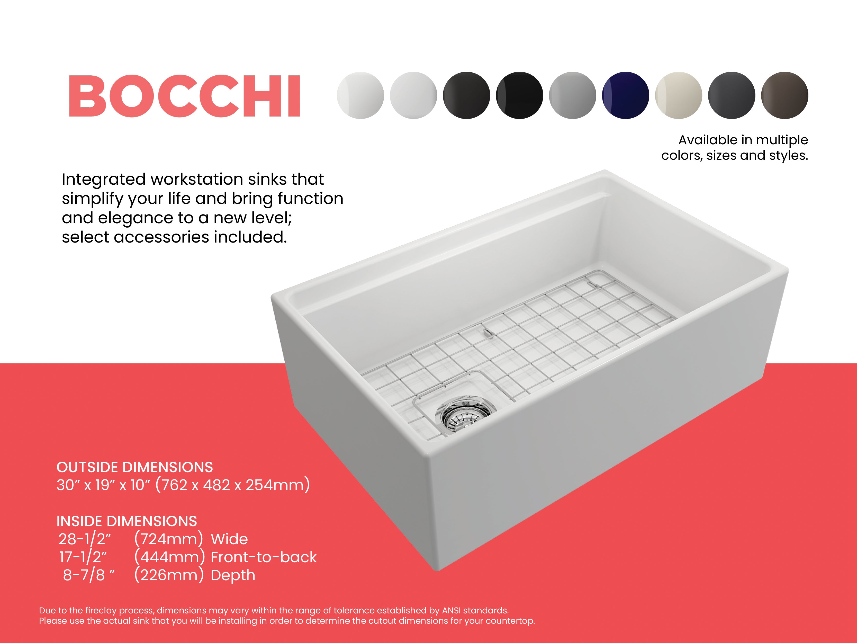 BOCCHI Contempo 30" Fireclay Workstation Farmhouse Sink with Accessories, Matte White, 1344-002-0120