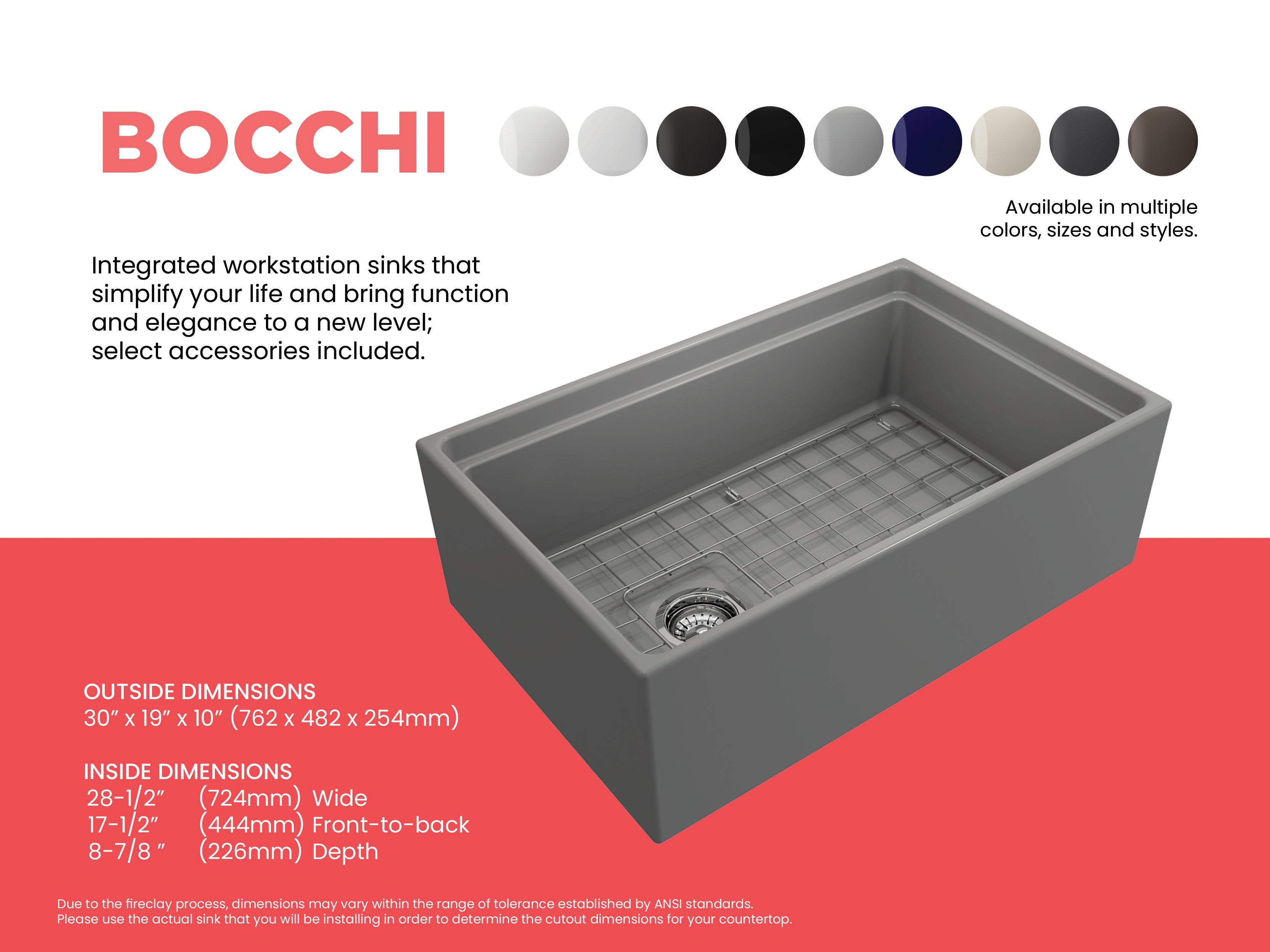 BOCCHI Contempo 30" Fireclay Workstation Farmhouse Sink with Accessories, Matte Gray, 1344-006-0120
