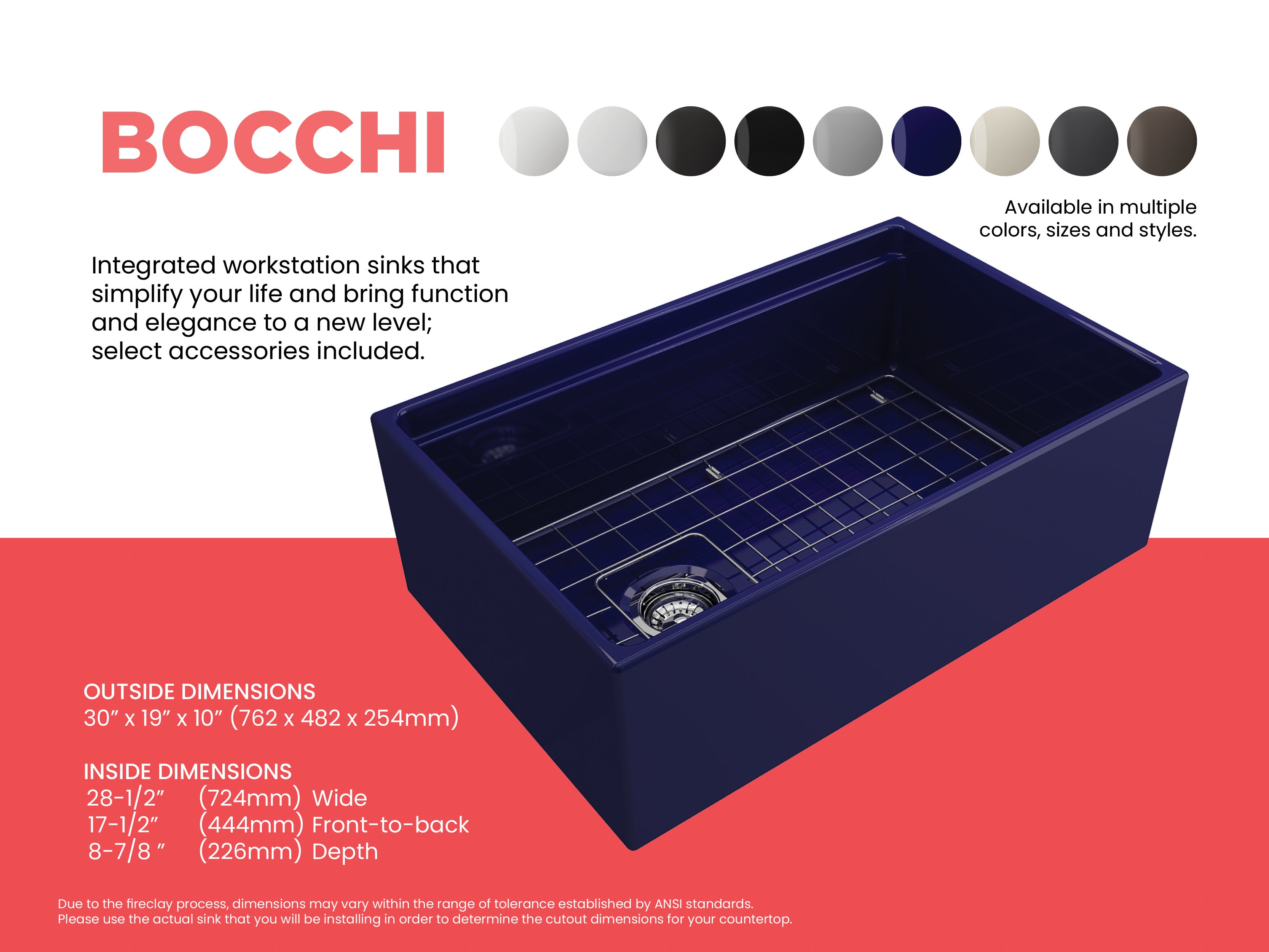 BOCCHI Contempo 30" Fireclay Workstation Farmhouse Sink with Accessories, Sapphire Blue, 1344-010-0120