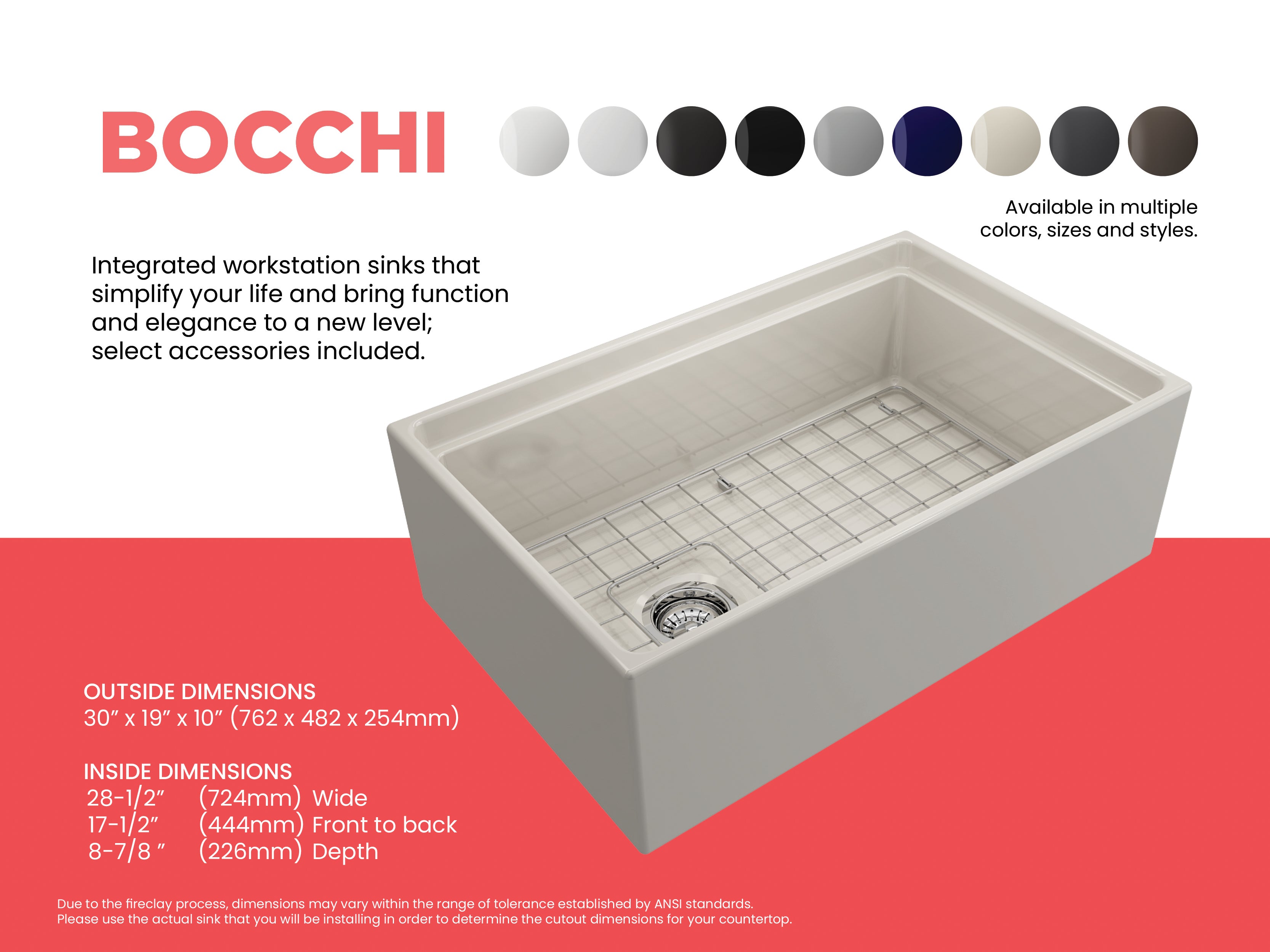 BOCCHI Contempo 30" Fireclay Workstation Farmhouse Sink with Accessories, Biscuit, 1344-014-0120