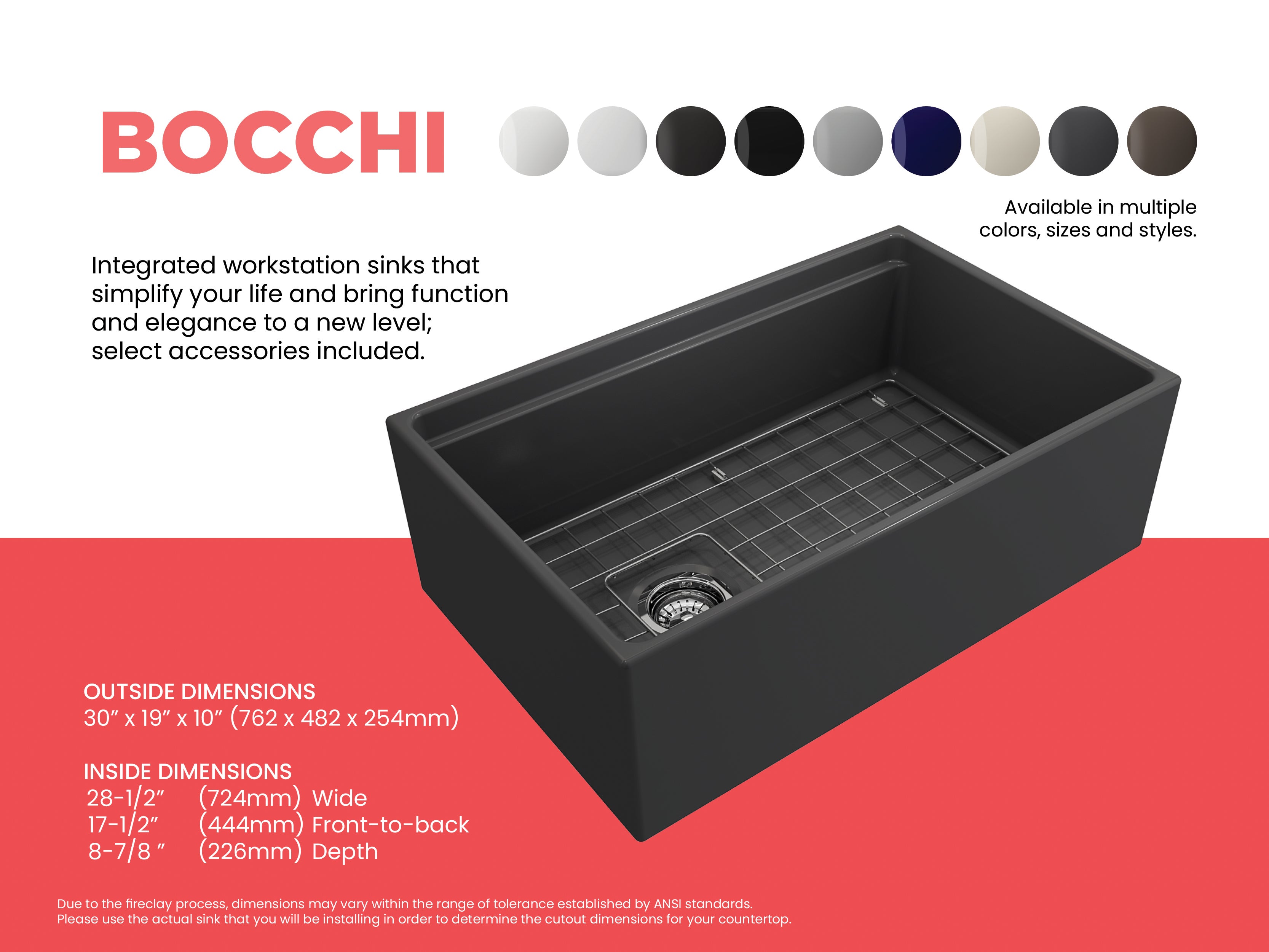 BOCCHI Contempo 30" Fireclay Workstation Farmhouse Sink with Accessories, Matte Dark Gray, 1344-020-0120