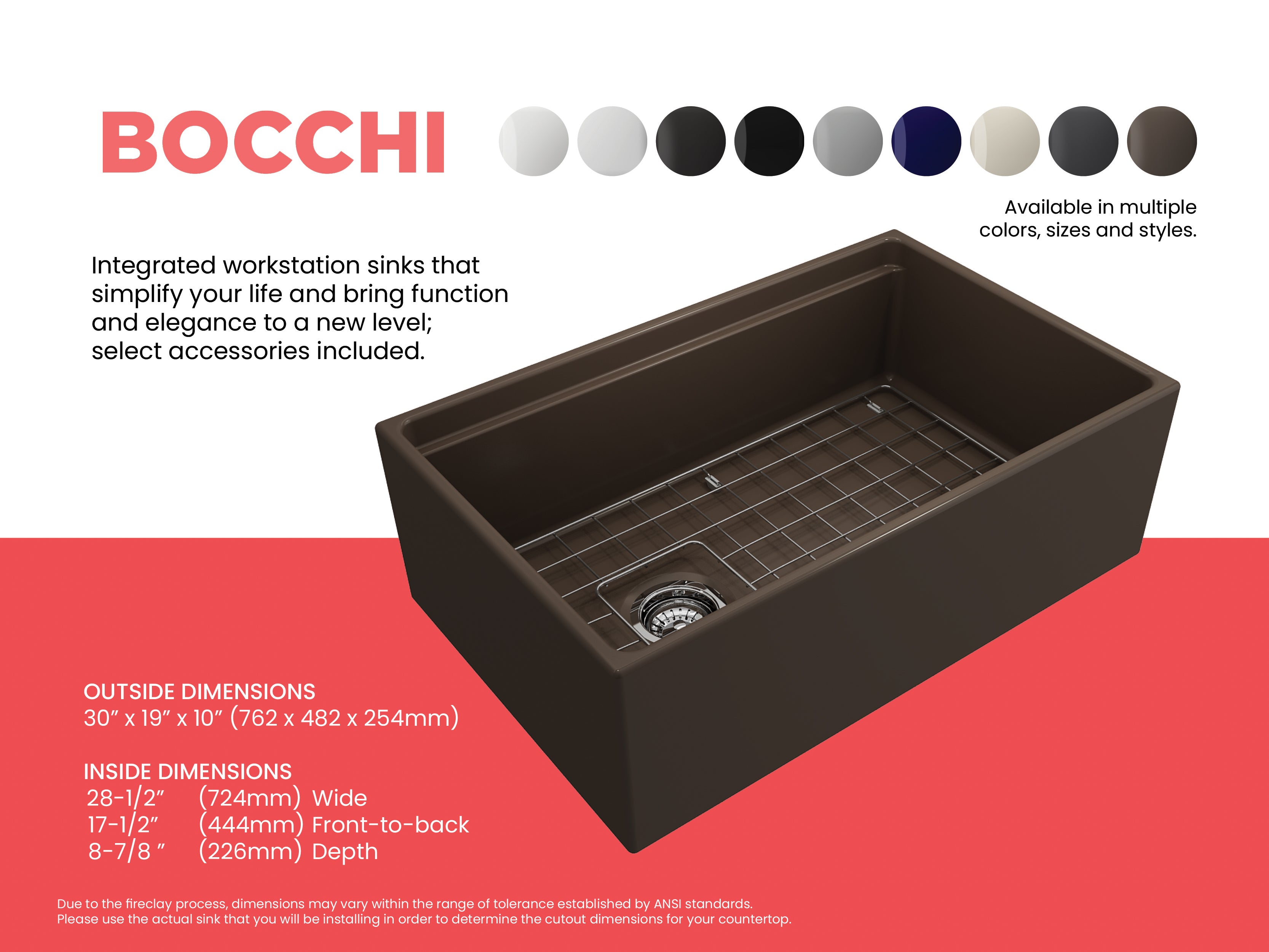 BOCCHI Contempo 30" Fireclay Workstation Farmhouse Sink with Accessories, Matte Brown, 1344-025-0120