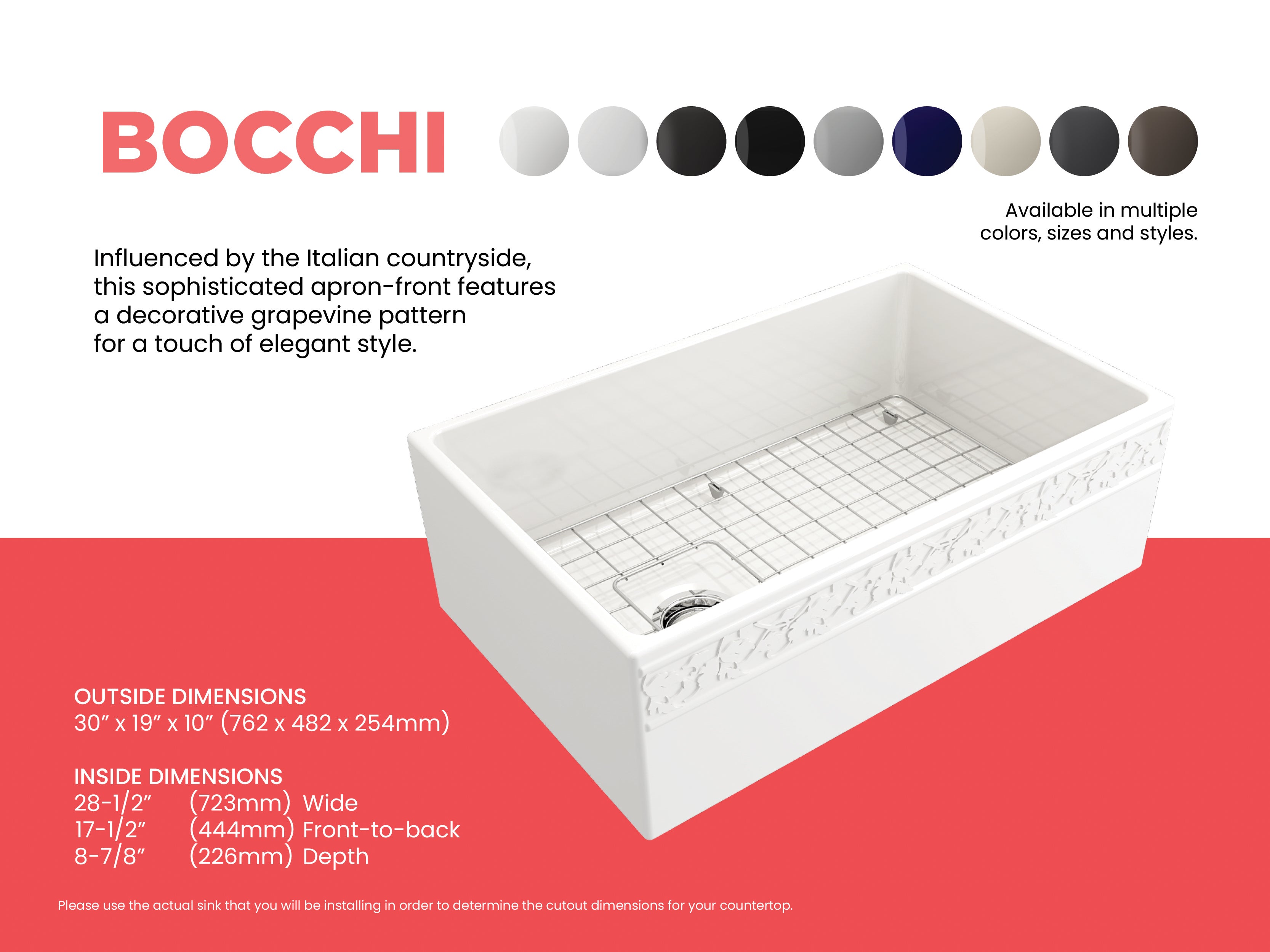 BOCCHI Vigneto 30" Fireclay Farmhouse Apron Single Bowl Kitchen Sink, White, 1347-001-0120