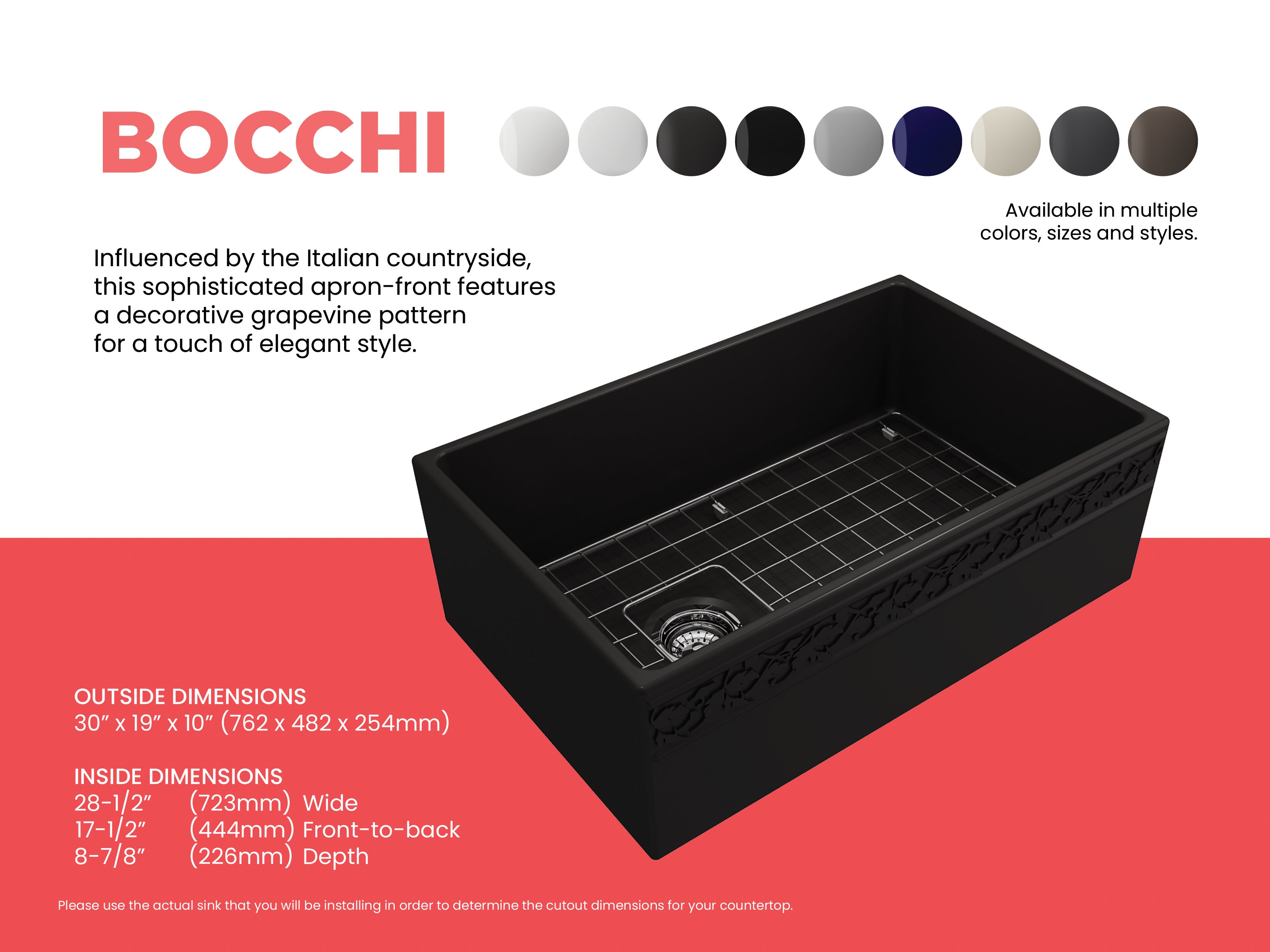BOCCHI Vigneto 30" Fireclay Farmhouse Apron Single Bowl Kitchen Sink, Matte Black, 1347-004-0120