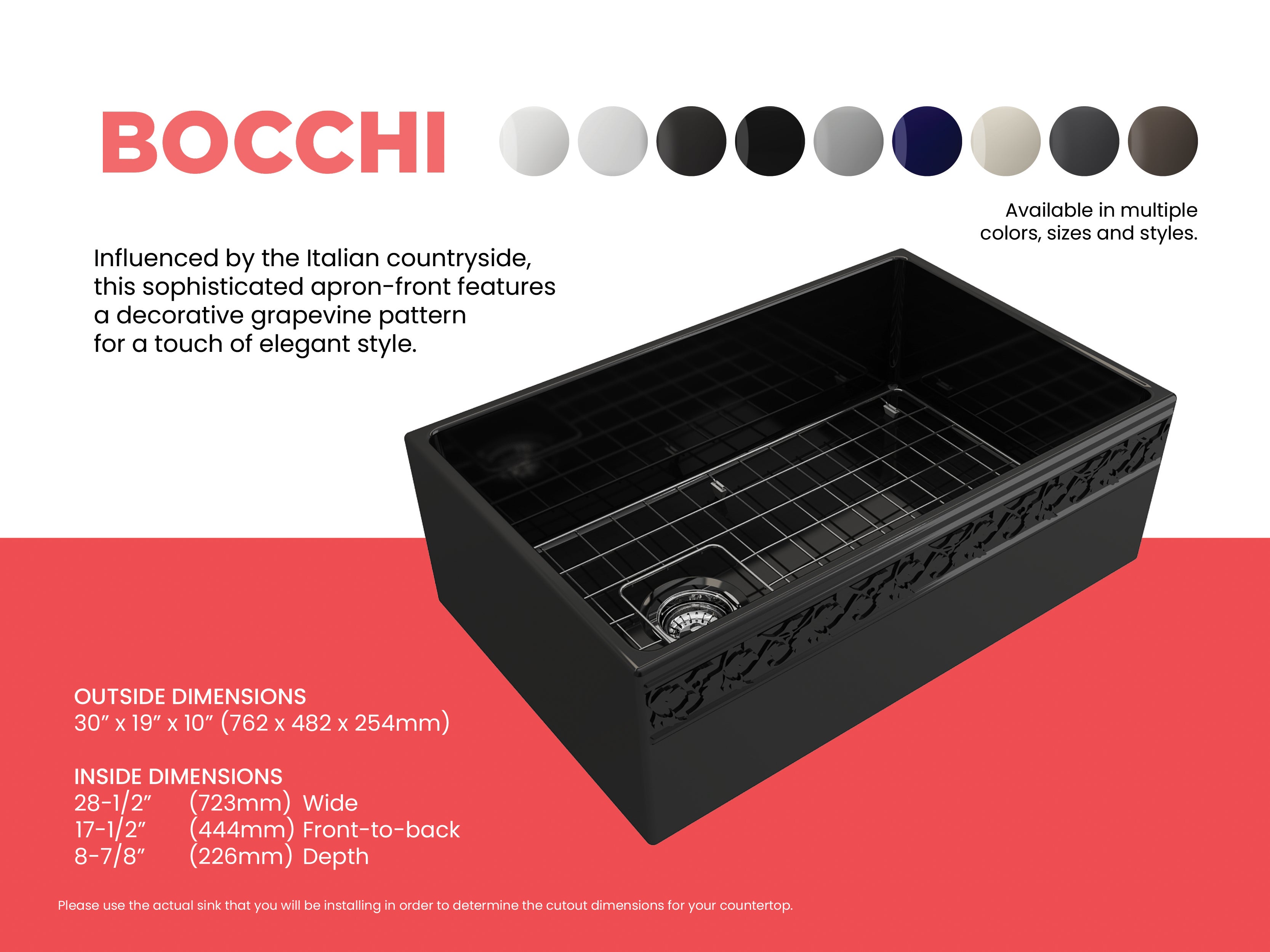 BOCCHI Vigneto 30" Fireclay Farmhouse Apron Single Bowl Kitchen Sink, Black, 1347-005-0120