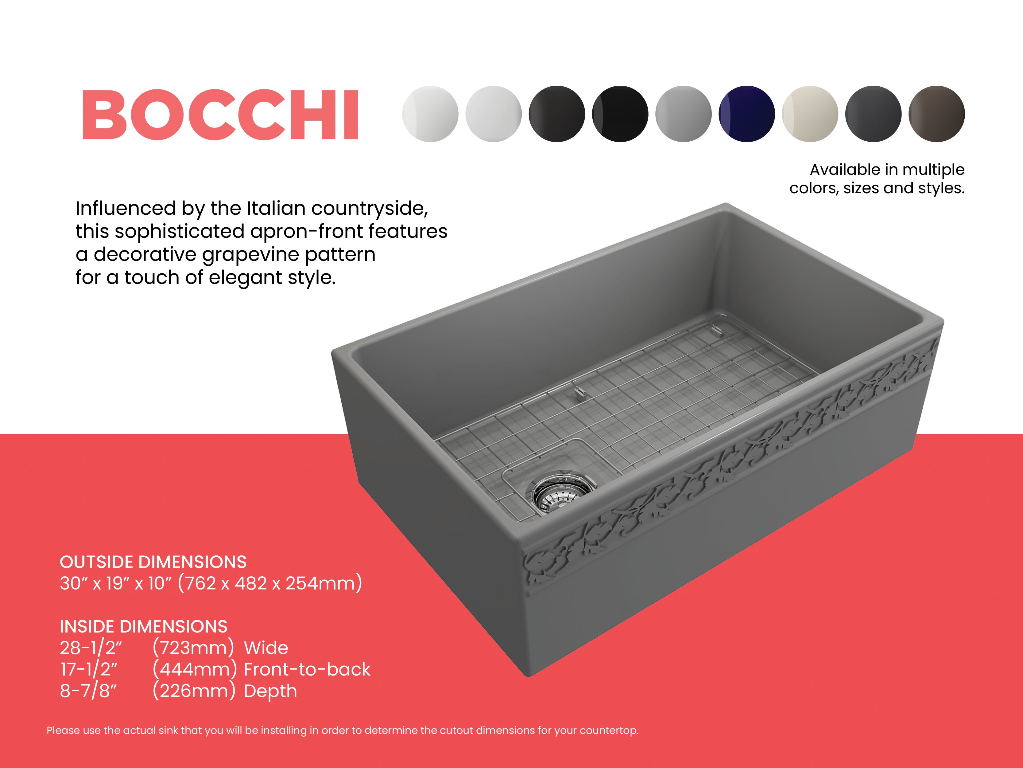BOCCHI Vigneto 30" Fireclay Farmhouse Apron Single Bowl Kitchen Sink, Matte Gray, 1347-006-0120