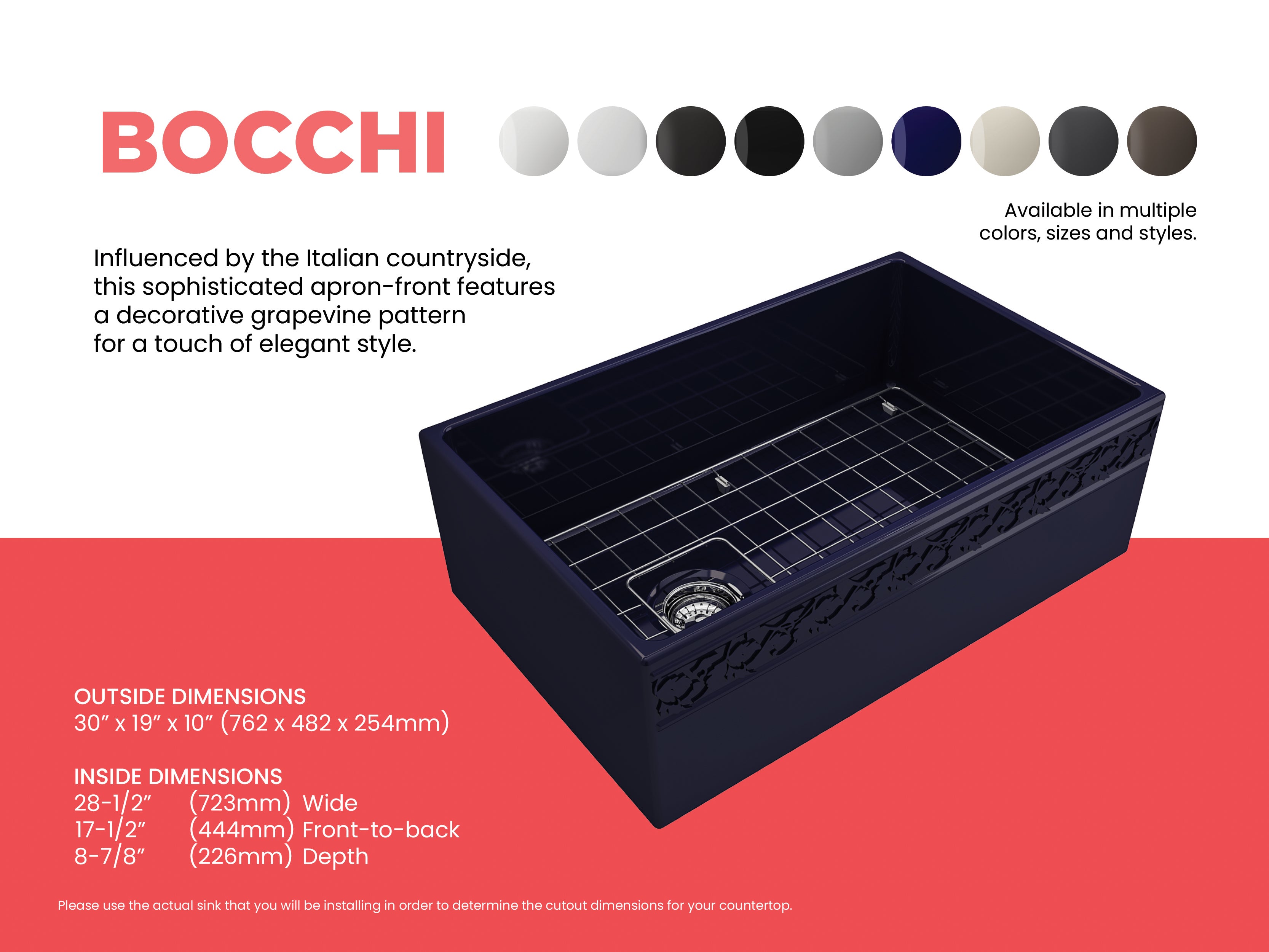 BOCCHI Vigneto 30" Fireclay Farmhouse Apron Single Bowl Kitchen Sink, Sapphire Blue, 1347-010-0120