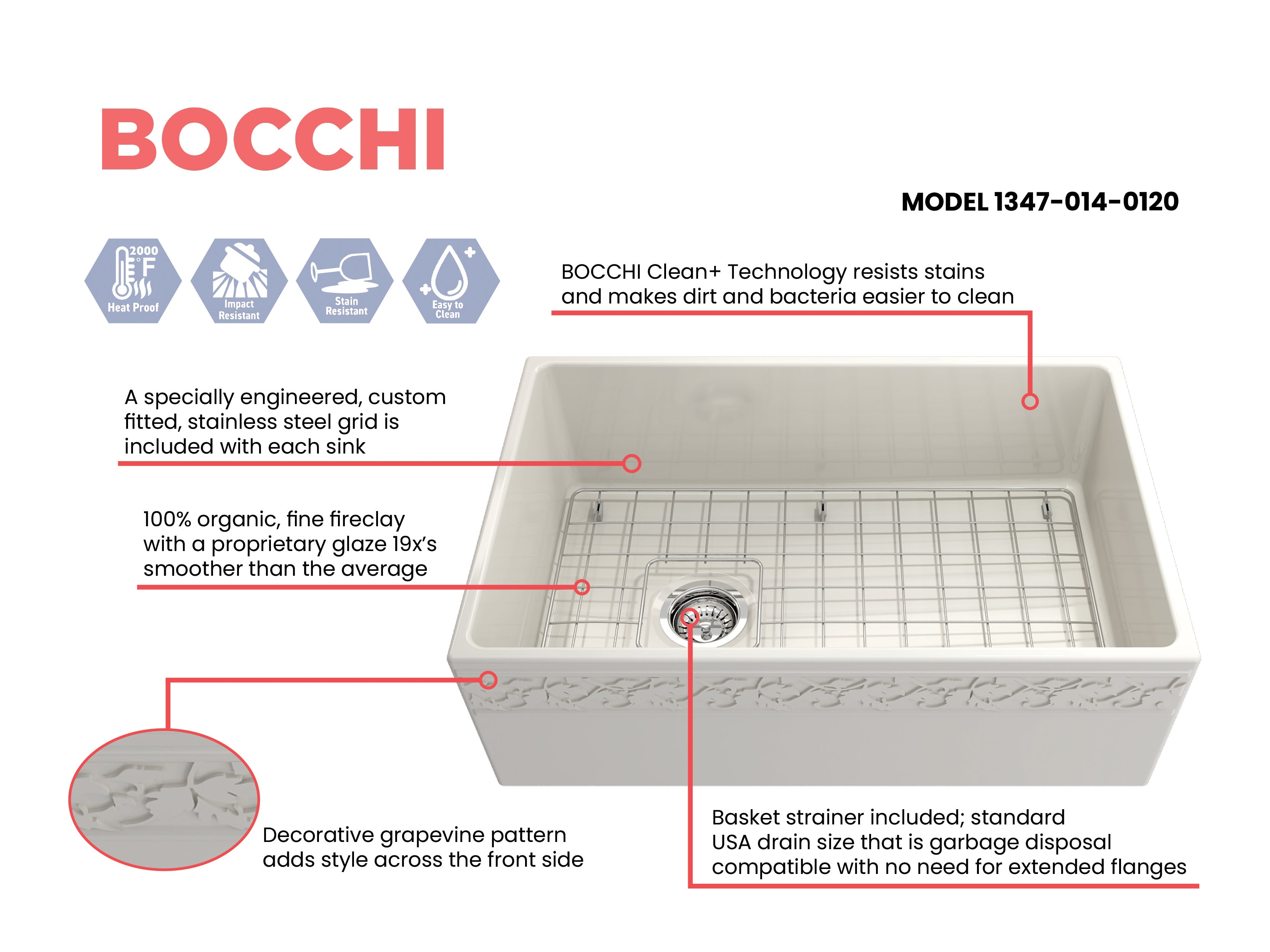 BOCCHI Vigneto 30" Fireclay Farmhouse Apron Single Bowl Kitchen Sink, Biscuit, 1347-014-0120