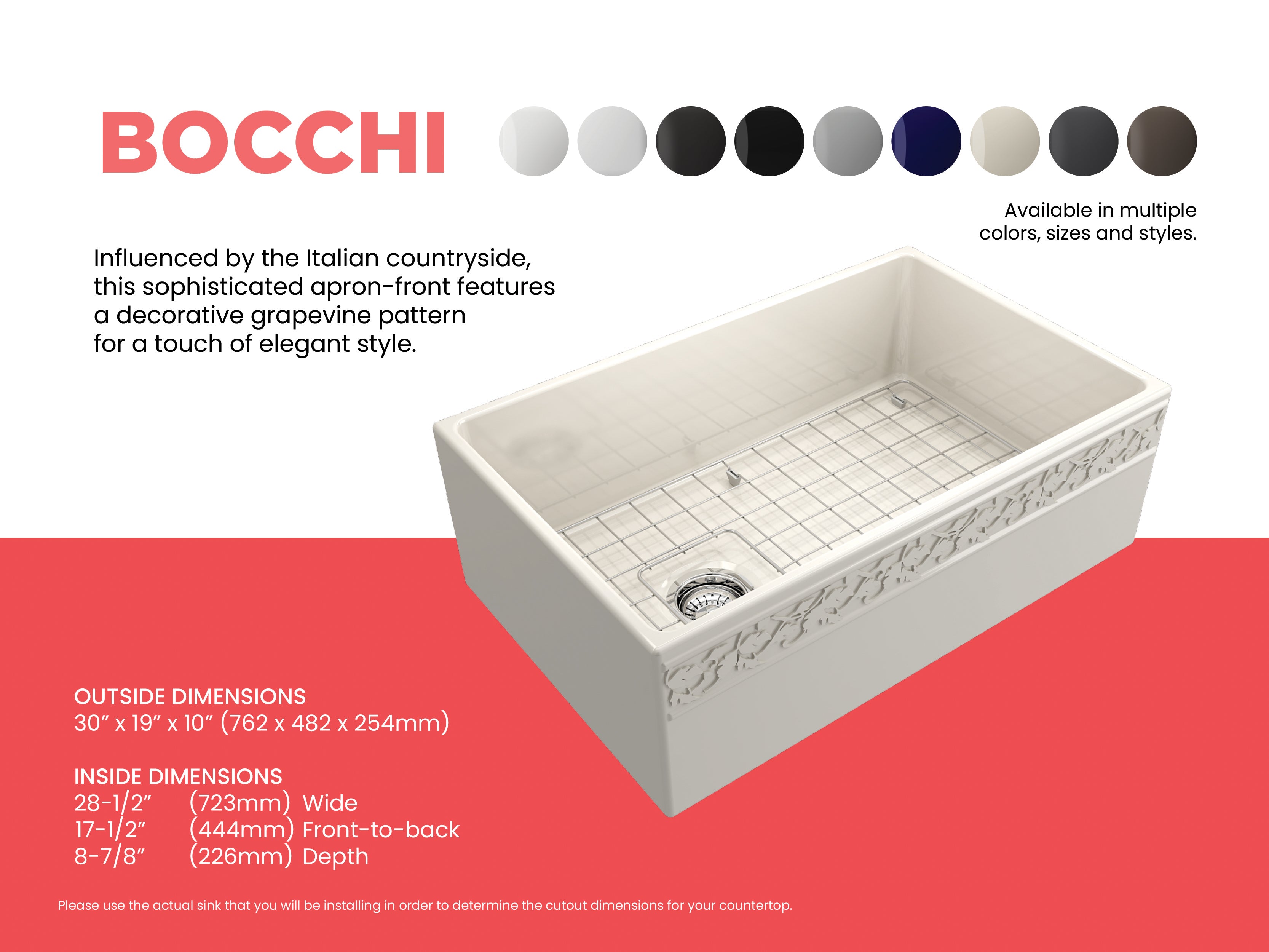 BOCCHI Vigneto 30" Fireclay Farmhouse Apron Single Bowl Kitchen Sink, Biscuit, 1347-014-0120