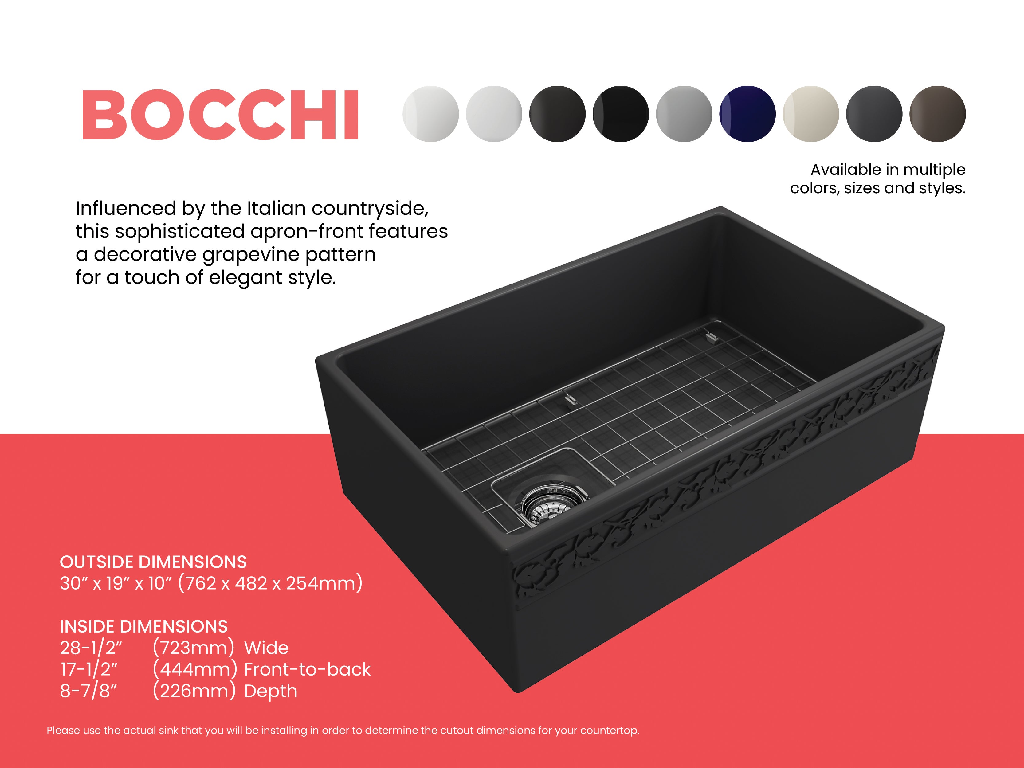 BOCCHI Vigneto 30" Fireclay Farmhouse Apron Single Bowl Kitchen Sink, Matte Dark Gray, 1347-020-0120