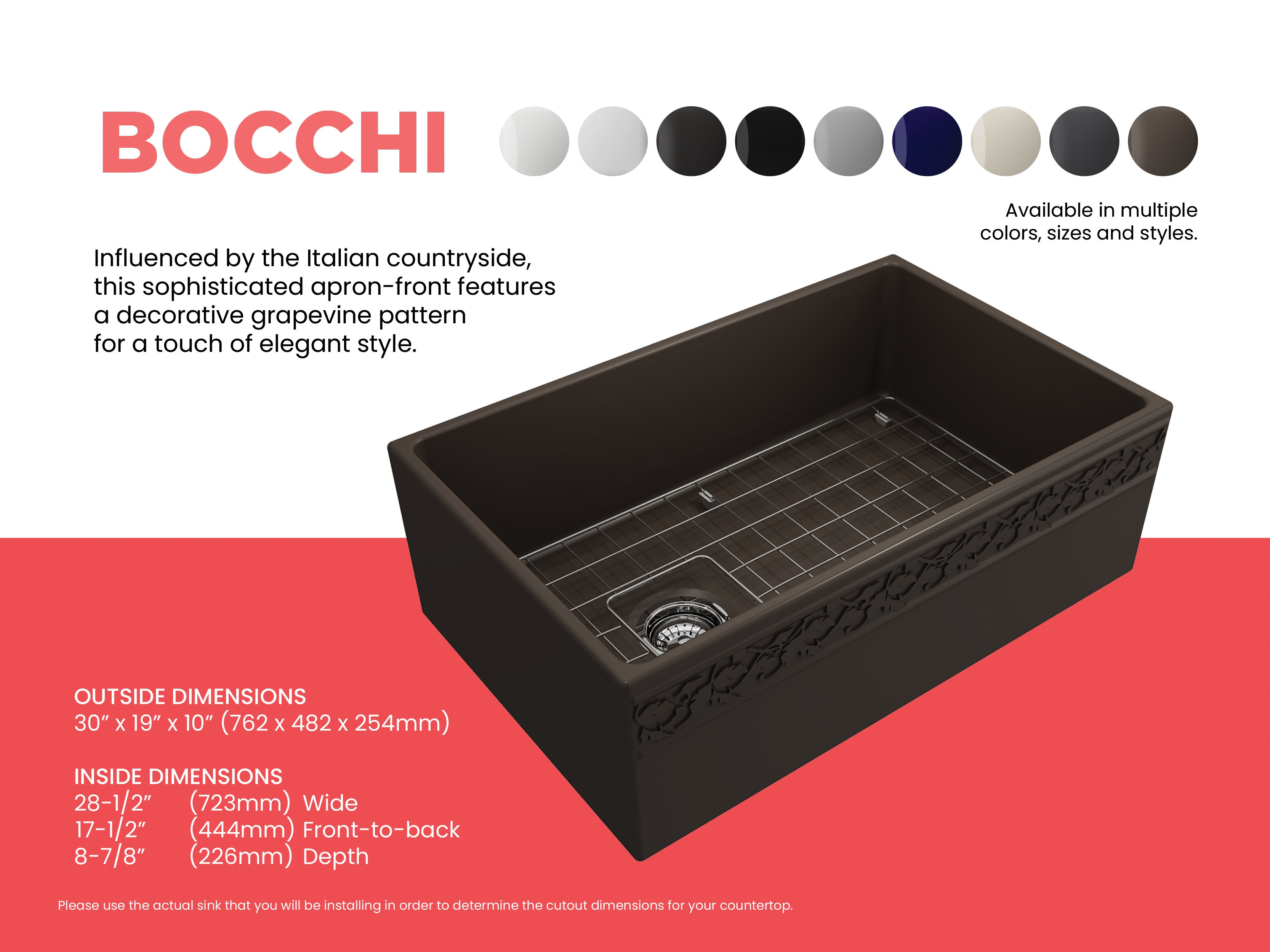 BOCCHI Vigneto 30" Fireclay Farmhouse Apron Single Bowl Kitchen Sink, Matte Brown, 1347-025-0120