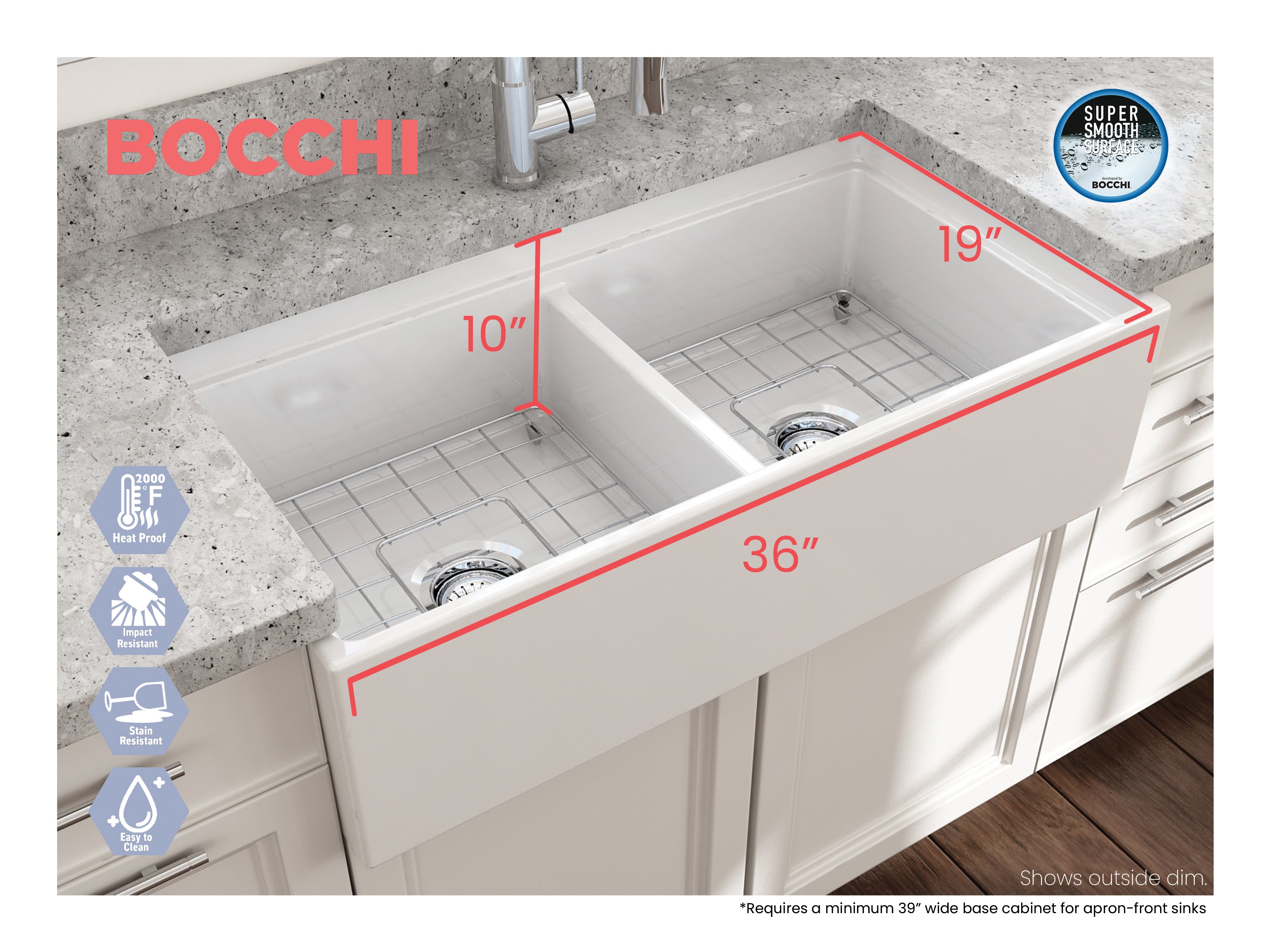 BOCCHI Contempo 36" Fireclay Workstation Farmhouse Sink with Accessories, 50/50 Double Bowl, Matte White, 1348-002-0120