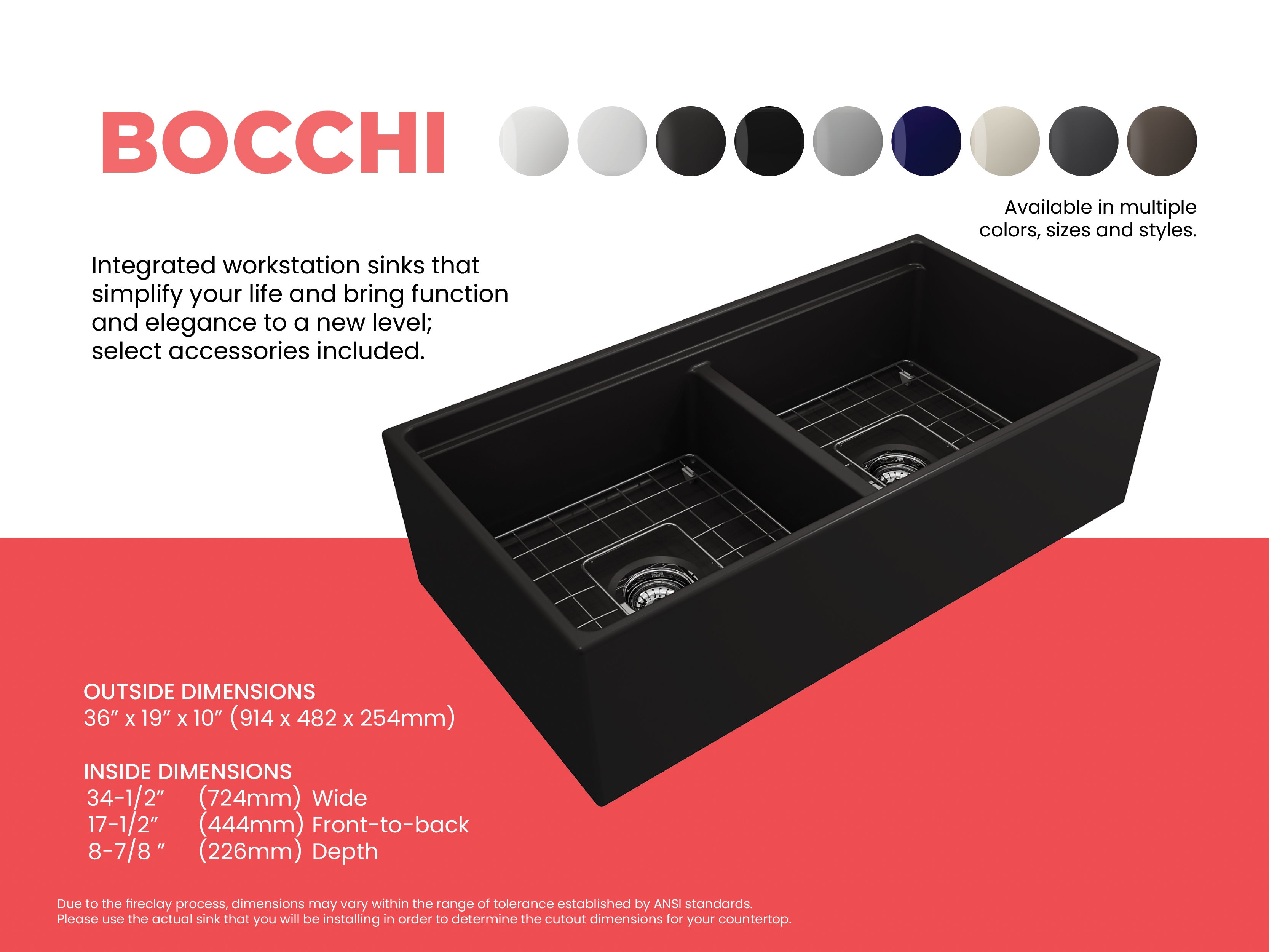 BOCCHI Contempo 36" Fireclay Workstation Farmhouse Sink with Accessories, 50/50 Double Bowl, Matte Black, 1348-004-0120
