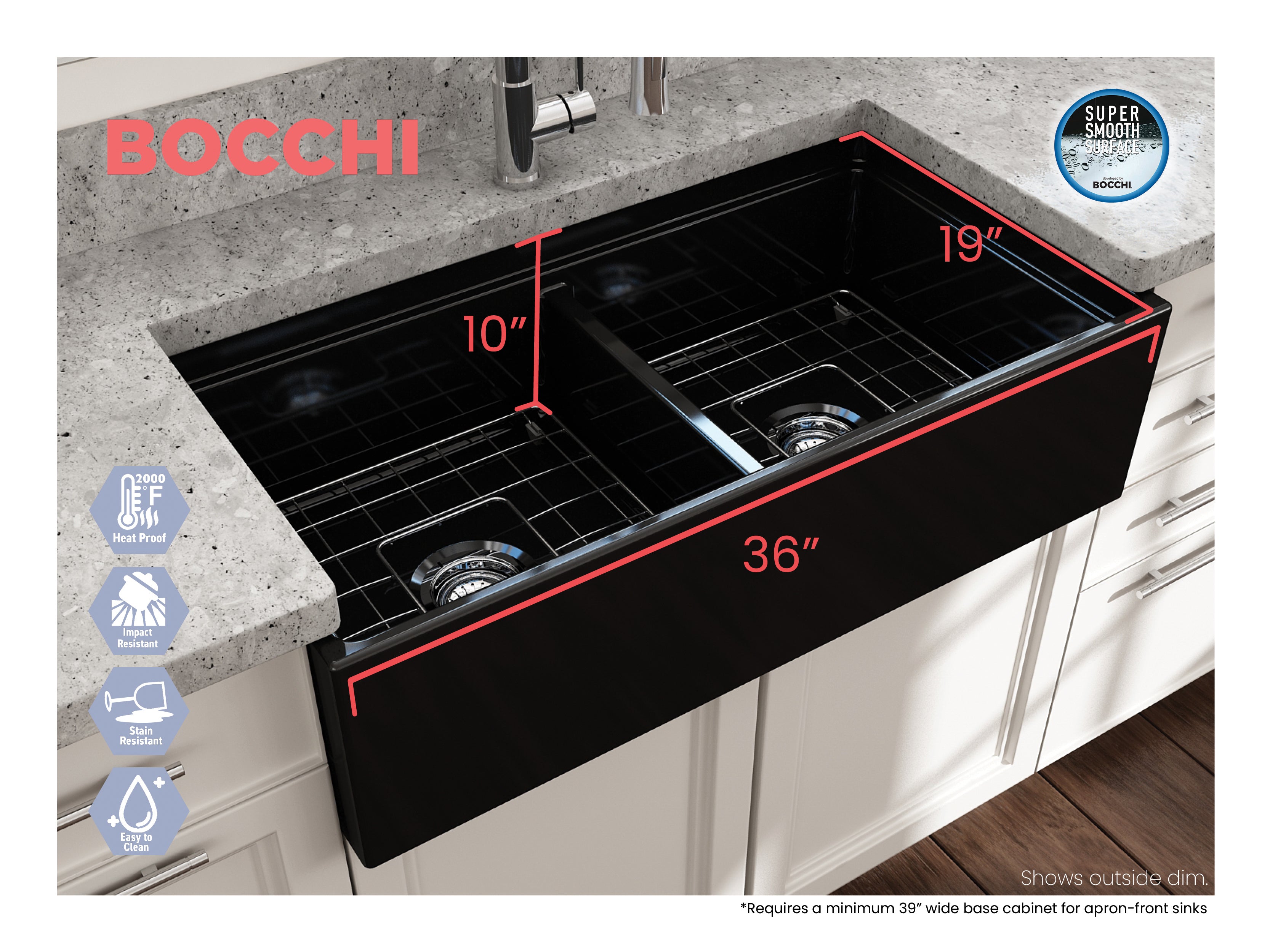 BOCCHI Contempo 36" Fireclay Workstation Farmhouse Sink with Accessories, 50/50 Double Bowl, Black, 1348-005-0120