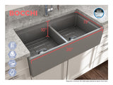 BOCCHI Contempo 36" Fireclay Workstation Farmhouse Sink with Accessories, 50/50 Double Bowl, Matte Gray, 1348-006-0120