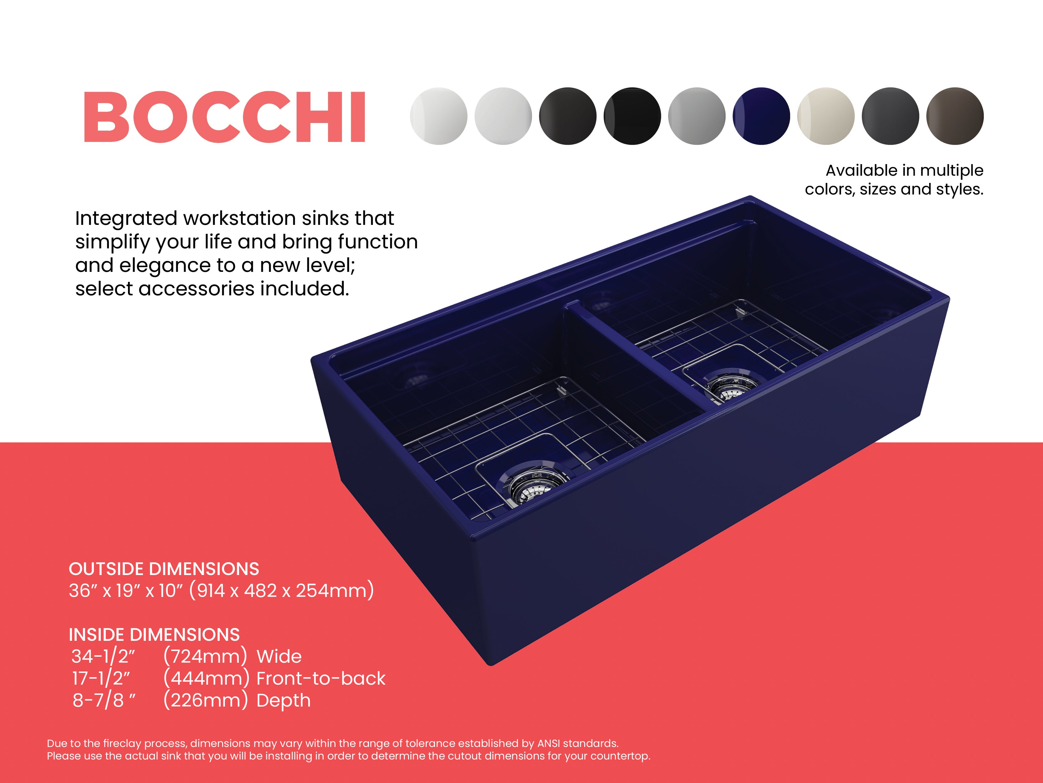 BOCCHI Contempo 36" Fireclay Workstation Farmhouse Sink with Accessories, 50/50 Double Bowl, Sapphire Blue, 1348-010-0120