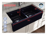 BOCCHI Contempo 36" Fireclay Workstation Farmhouse Sink with Accessories, 50/50 Double Bowl, Sapphire Blue, 1348-010-0120