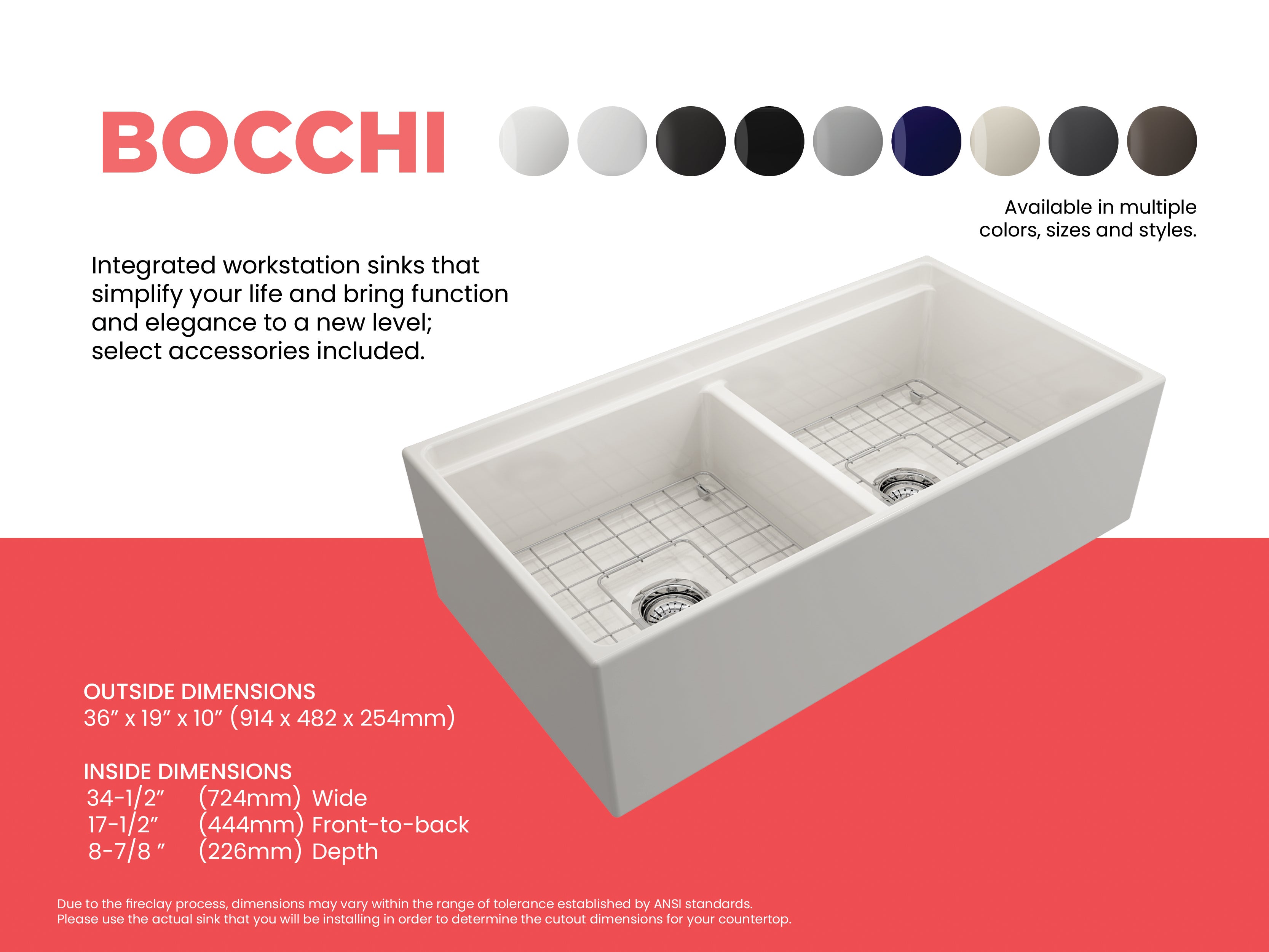 BOCCHI Contempo 36" Fireclay Workstation Farmhouse Sink with Accessories, 50/50 Double Bowl, Biscuit, 1348-014-0120