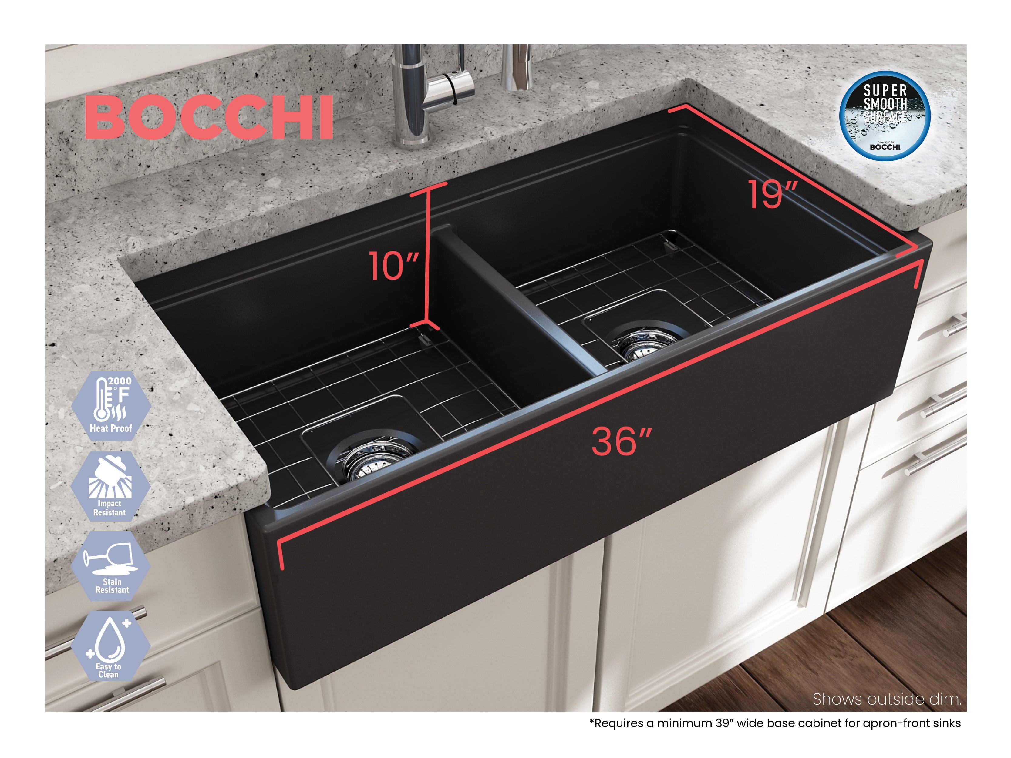 BOCCHI Contempo 36" Fireclay Workstation Farmhouse Sink with Accessories, 50/50 Double Bowl, Matte Dark Gray, 1348-020-0120