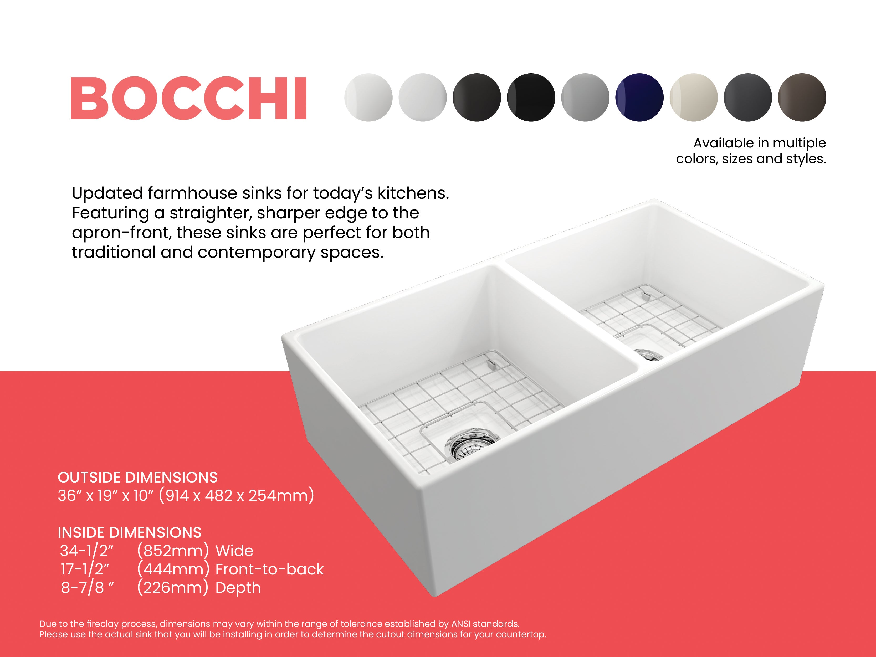 BOCCHI Contempo 36" Fireclay Farmhouse Apron 50/50 Double Bowl Kitchen Sink, Matte White, 1350-002-0120