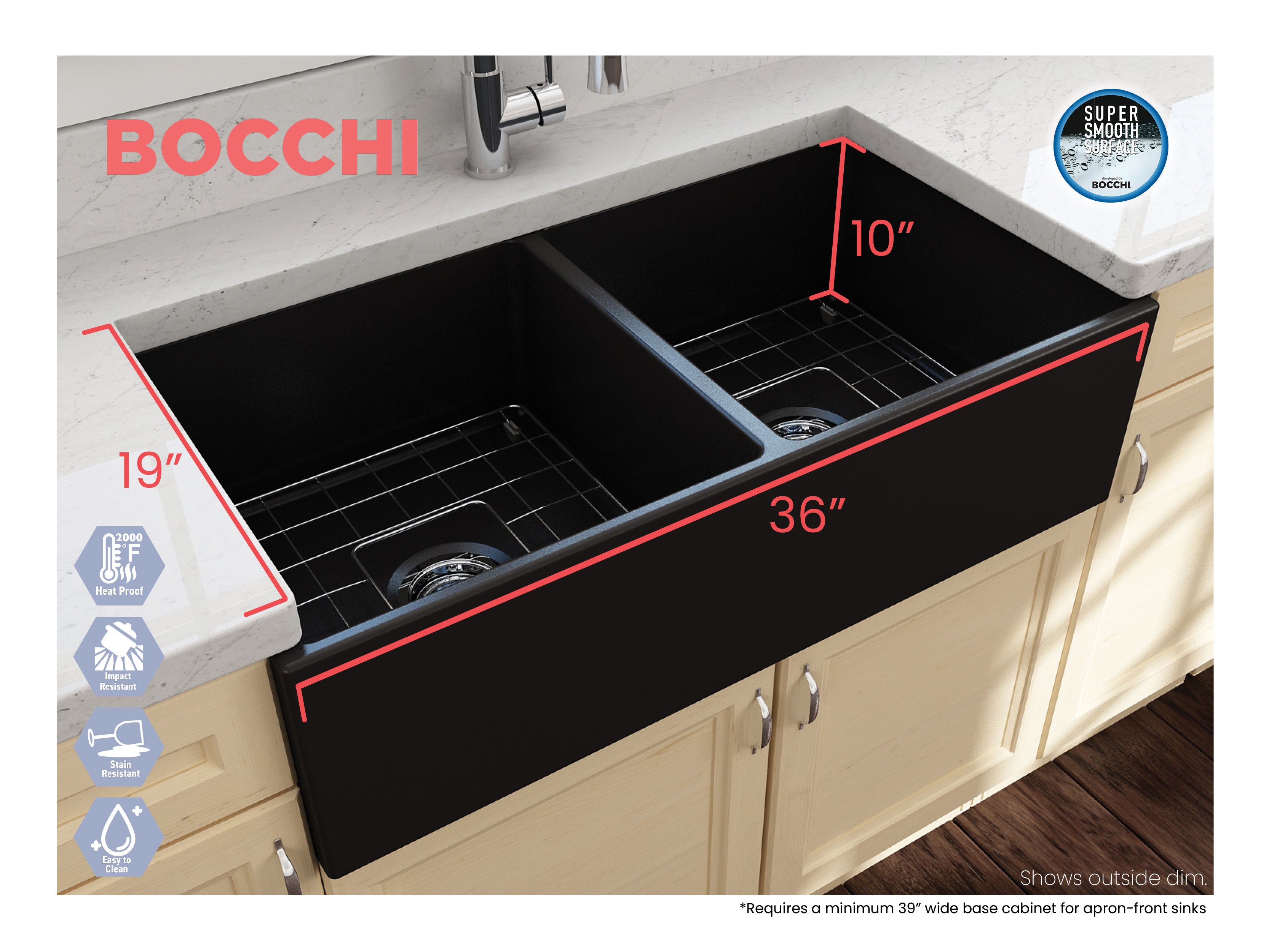 BOCCHI Contempo 36" Fireclay Farmhouse Apron 50/50 Double Bowl Kitchen Sink, Matte Black, 1350-004-0120