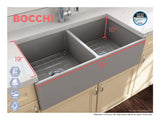 BOCCHI Contempo 36" Fireclay Farmhouse Apron 50/50 Double Bowl Kitchen Sink, Matte Gray, 1350-006-0120
